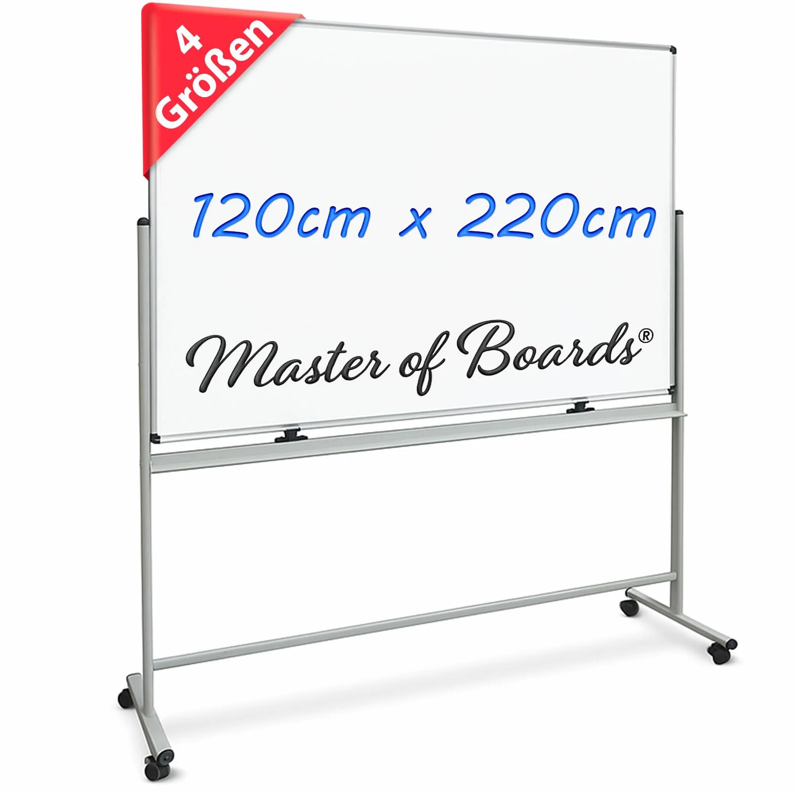 Master of Boards Tablica magnetyczna ze stojakiem, 120 x 220 cm, mobilna biała tablica na rolkach, dwustronna, obrotowa tablica na statyw, magnetyczna, do pisania, zwijana, łatwa do wycierania, z