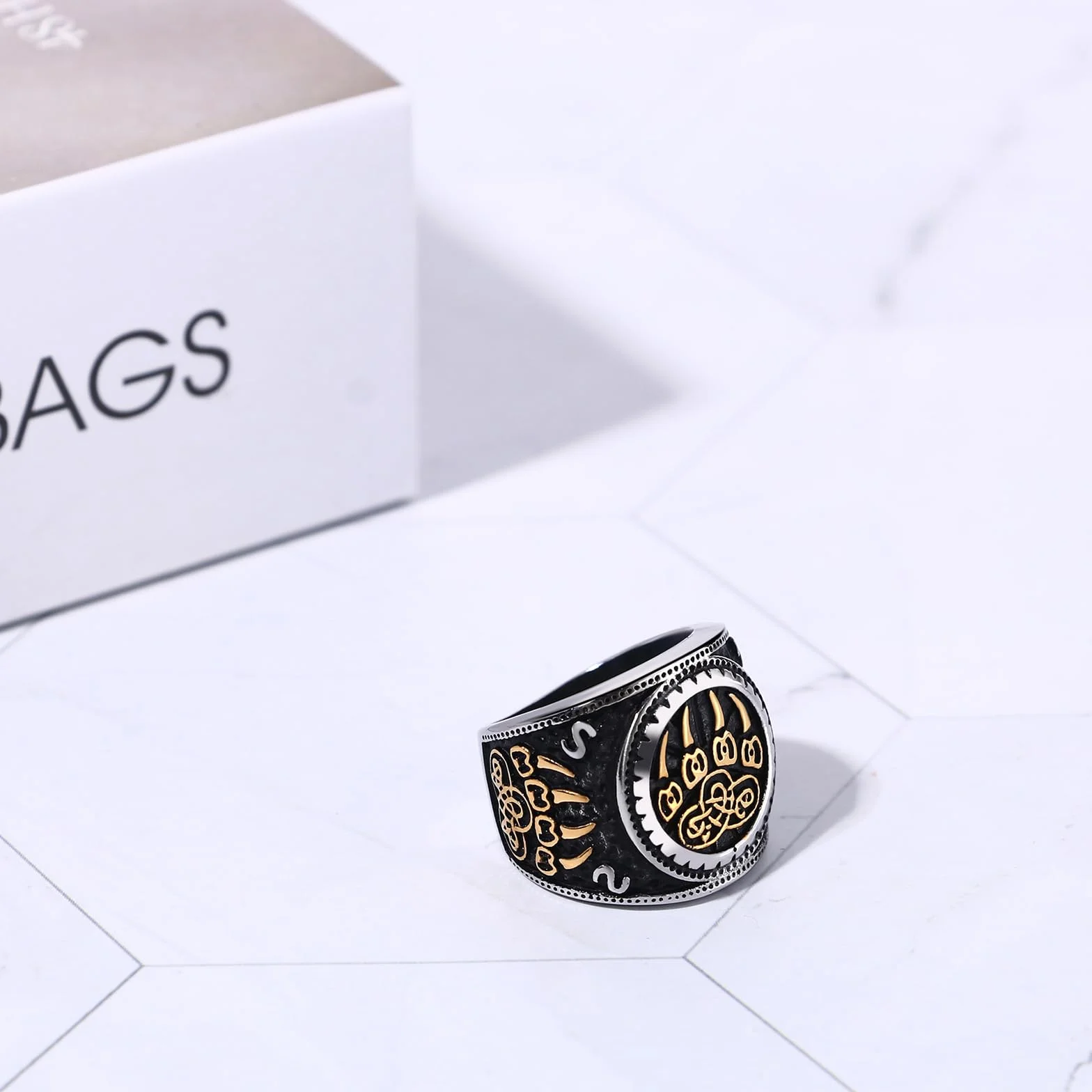 JewelryWe Pierścionek męski z pazurem niedźwiedzia Wikingów: Vintage stal szlachetna męski pierścionek nordycki miś pazur, celtycki węzeł pieczęć pierścienie na palec pierścienie na palec pierścionek