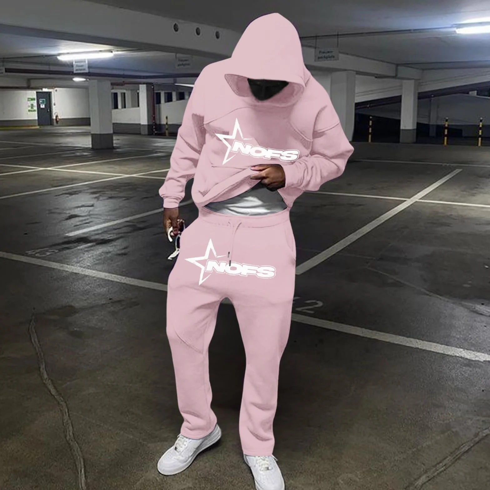 NOFS 2-częściowy męski dres do joggingu, Y2K, bawełniany, bluza sportowa z kapturem Y2K + spodnie Nofs, męski dres sportowy, strój treningowy w stylu Streetwear, S