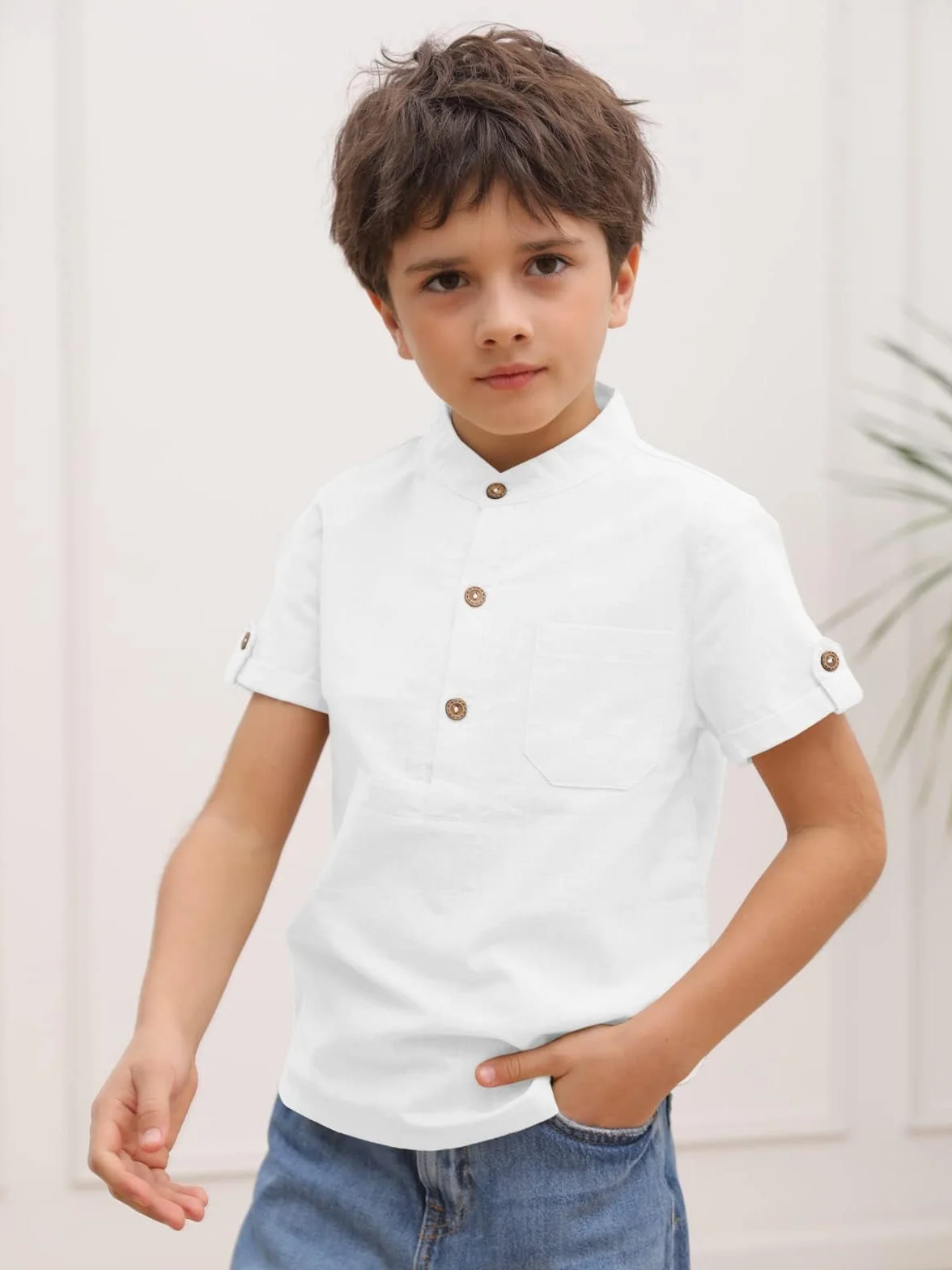 Haloumoning Chłopięca koszula z krótkim rękawem Henley Shirt Button Up bawełna topy casualowa koszula z kieszenią na piersi
