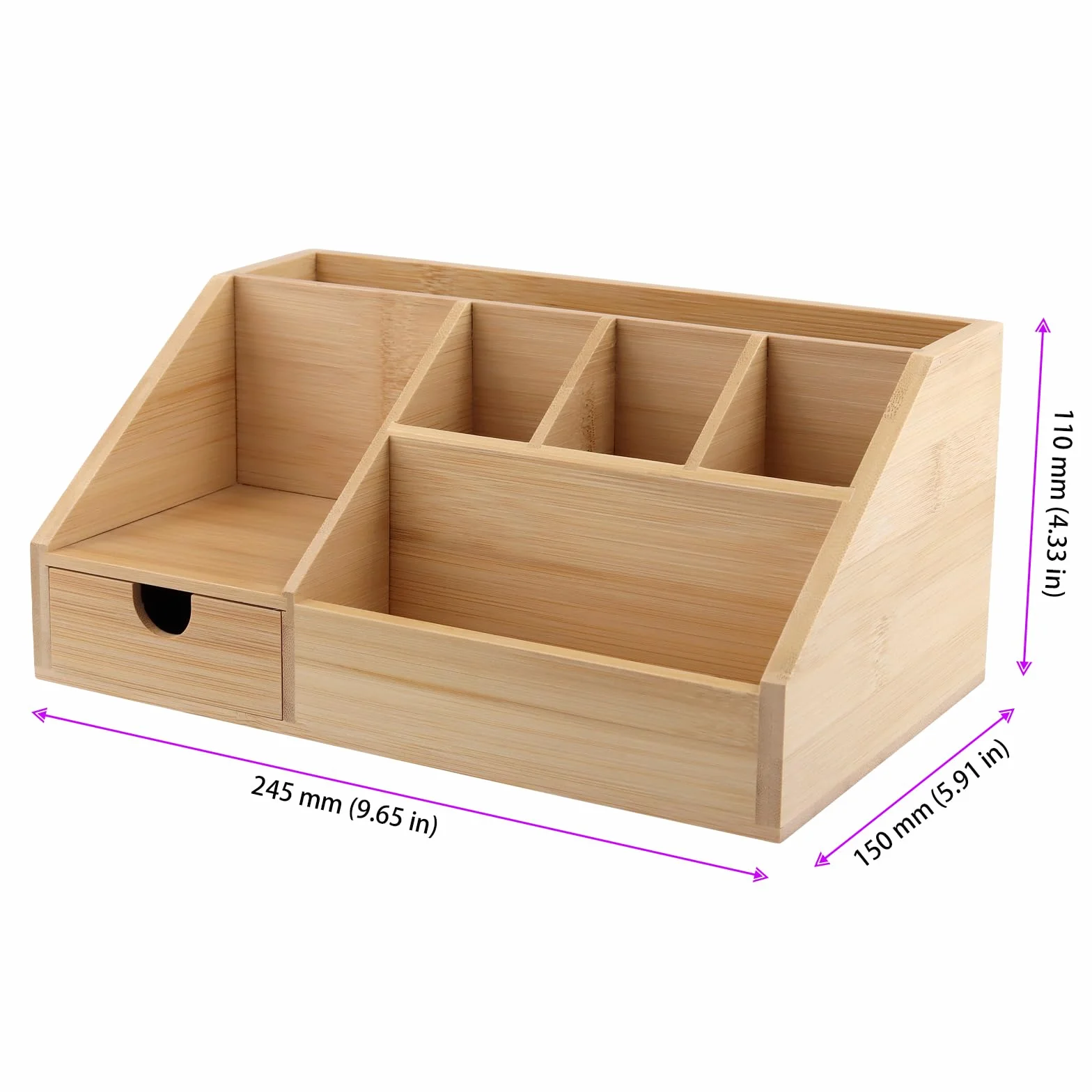 SINJEUN Drewniany organizer na biurko, organizer biurowy z szufladą i uchwytem na długopisy, bambusowy pojemnik na długopisy, półka na biurko, 24,5 x 15 x 11 cm