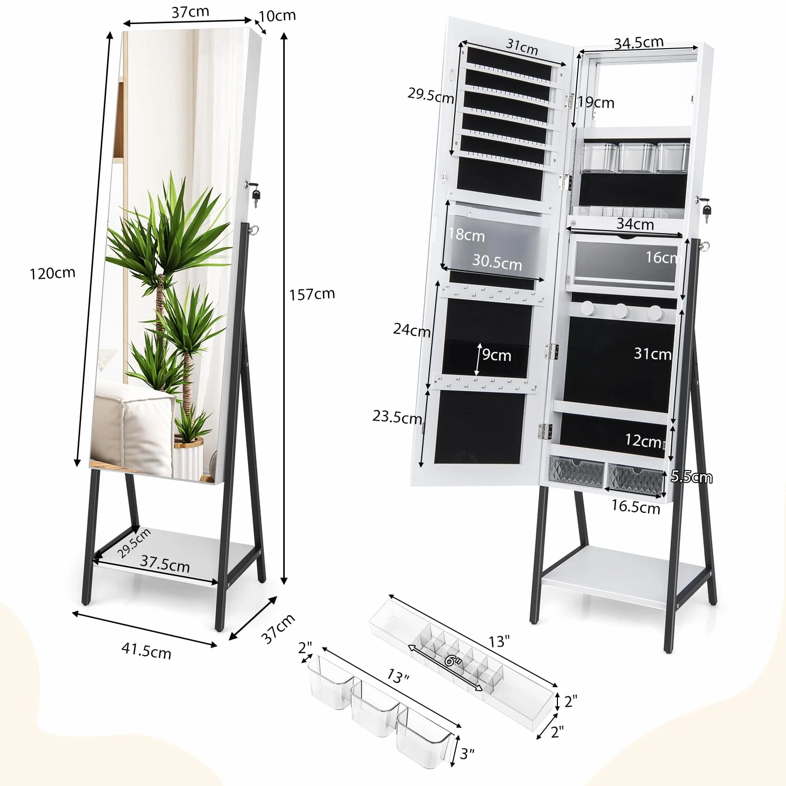 COSTWAY Szafka na biżuterię z lustrem, szafka z lustrem na biżuterię z 3-kolorowym oświetleniem LED, zamykana, dodatkowa półka, 41,5 x 37 x 157 cm (biała)