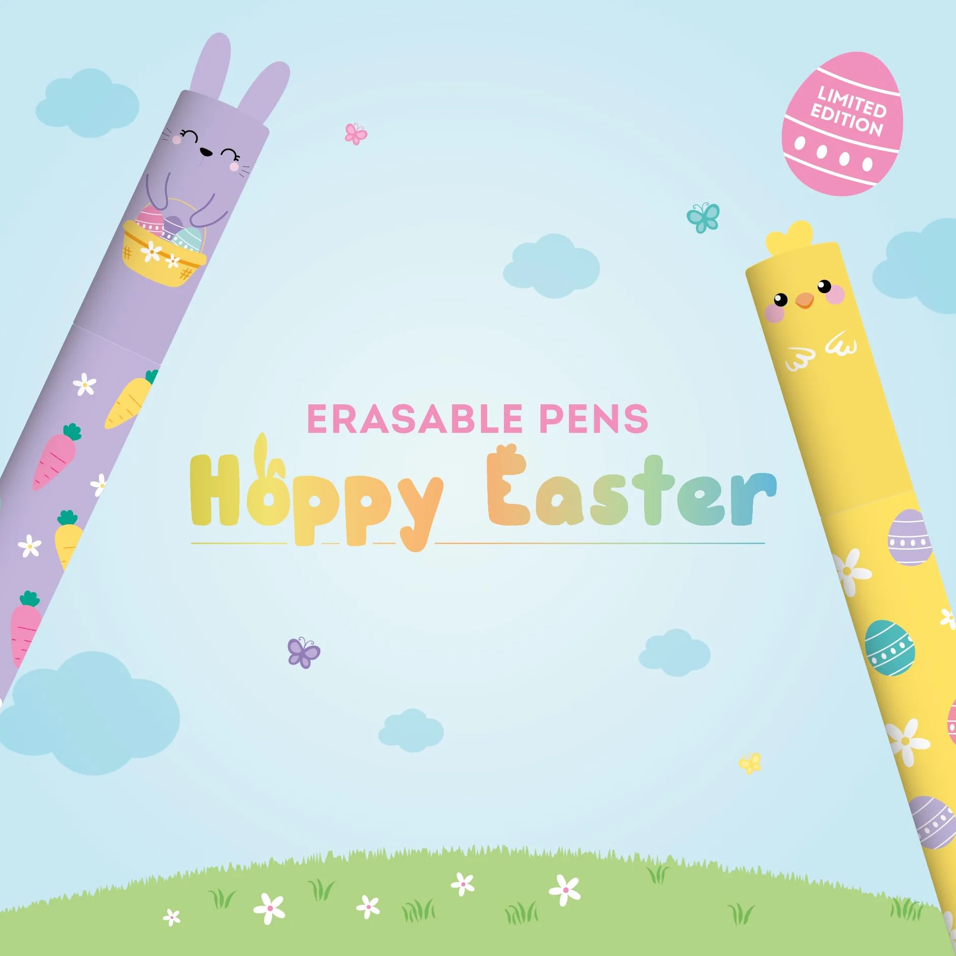 Legami Zestaw 2 ścieralnych długopisów żelowych, Easter Edition, termoczuły wymazywalny atrament, różowy, fioletowy, usuwany długopis, wymazywalny bez arkusza, końcówka 0,7 mm