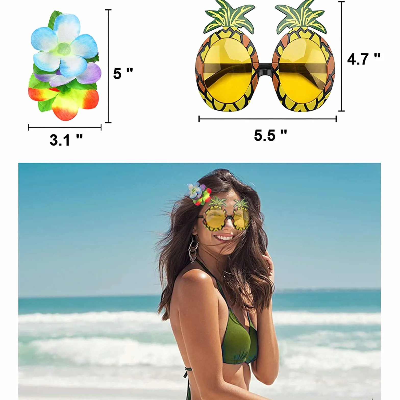 PHOGARY 8-pak spódnica hula, zestaw kostiumowy na imprezę hawajską Luau – tańcząca hula z kwiatowym topem bikini, hawajska lei