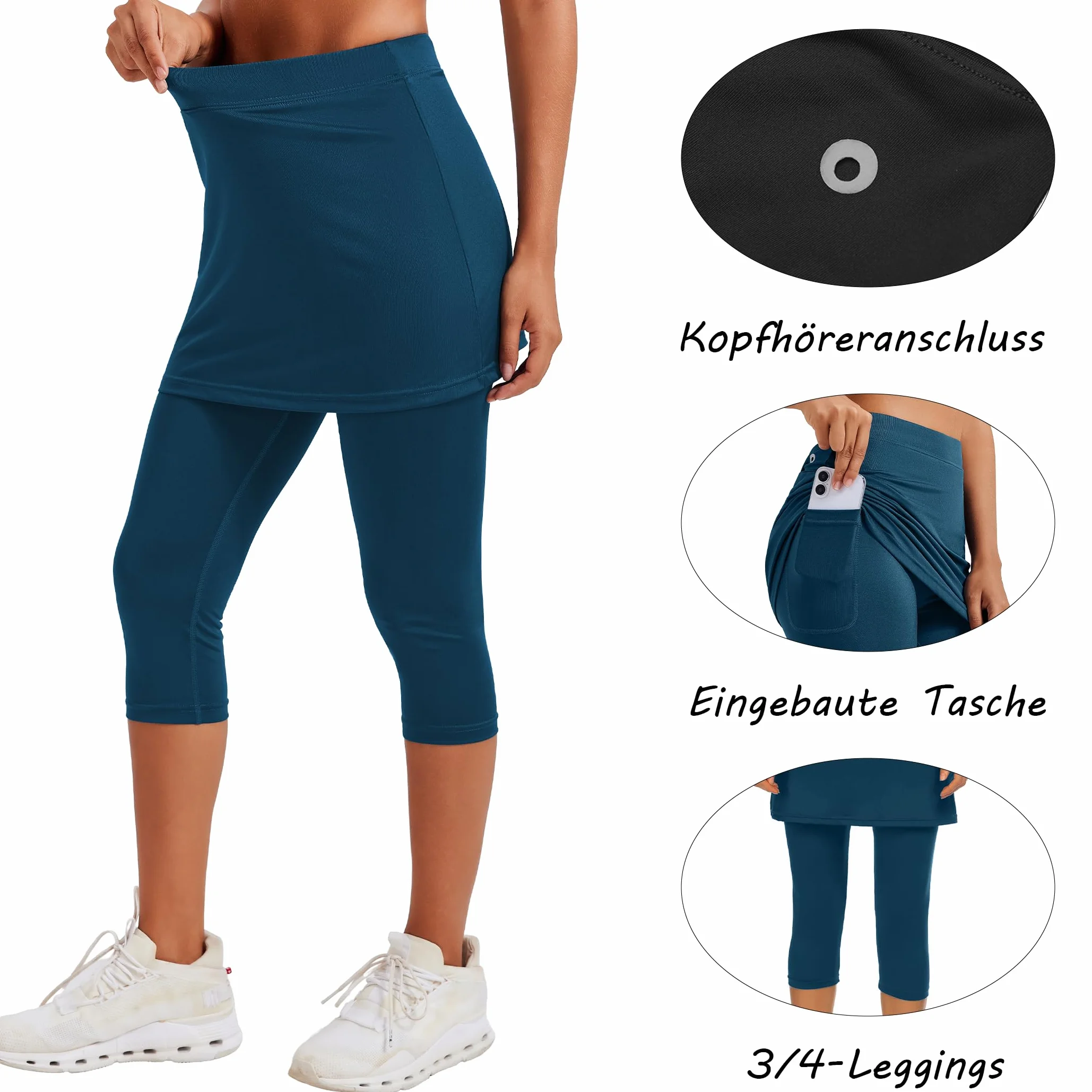 PINSPARK Spódnica tenisowa damska z wysoką talią, ze spodniami, długość do kolan, spódnica do spodni 2 w 1, do biegania, Skort, wąska, Capris Gym 3/4, spodnie do jogi z kieszeniami i przyłączem na