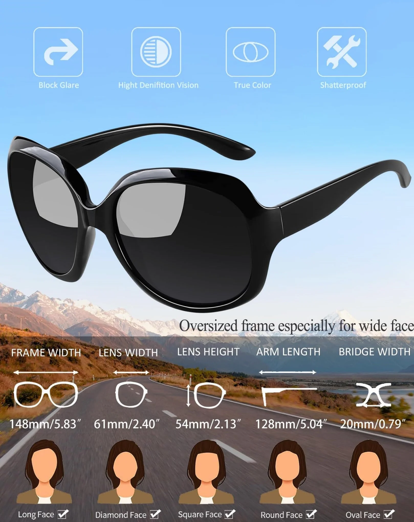 Joopin Oversized Polaryzacyjne Okulary dla Kobiet, Ochrona UV400 Vintage Moda Duże Ramki Damskie Okulary Przeciwsłoneczne