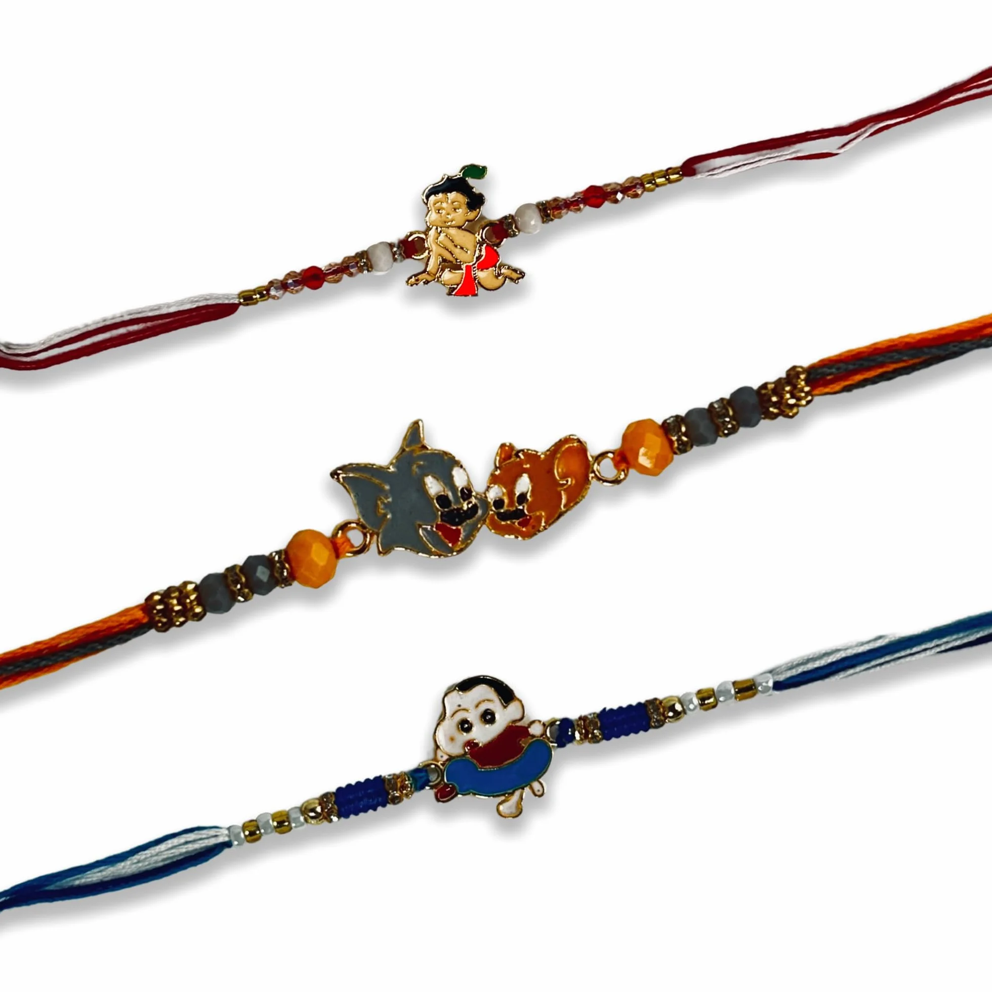 Dzieci Rakhi i postać z kreskówki, designerskie metalowe rakhi z Roli Chawal + kartka z życzeniami zestaw 3 sztuk, M, bez kamieni szlachetnych, Medium, Bez kamienia szlachetnego