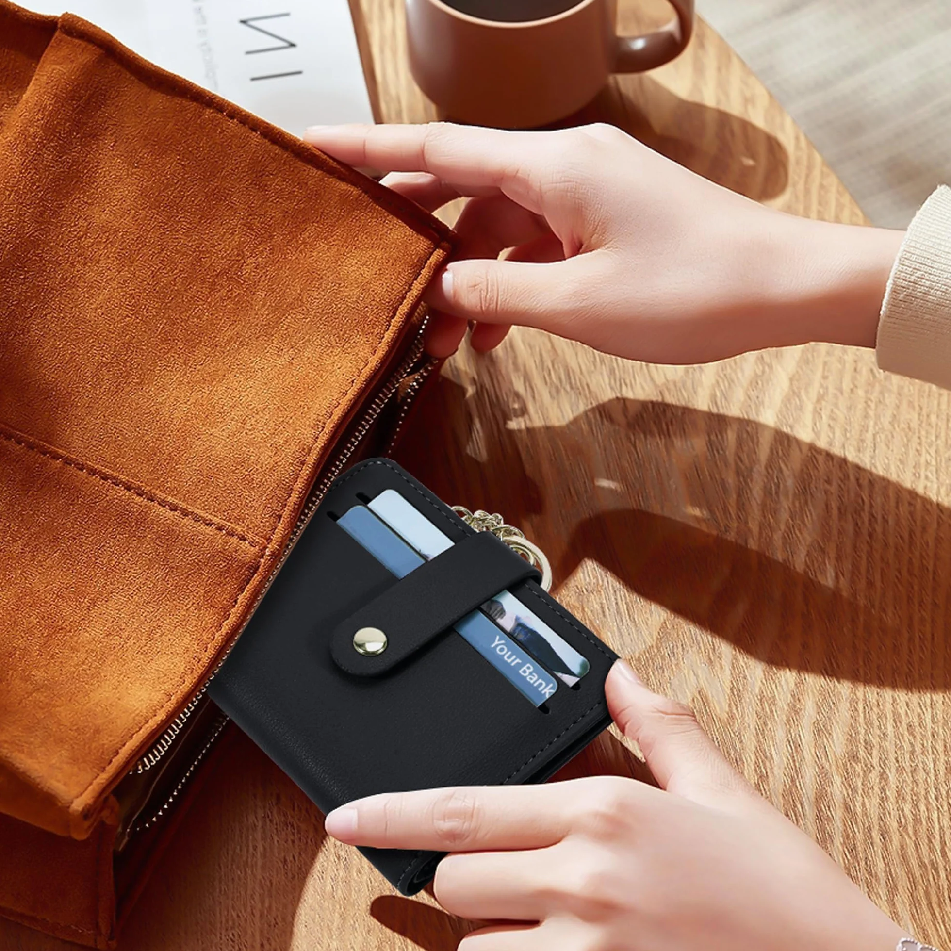 Mały portfel damski, z ochroną RFID, skórzany, mini portmonetka dla kobiet, etui na karty z breloczkiem do kluczy, okienko z dowodem tożsamości, portfel na karty damski, mini portfel na karty z
