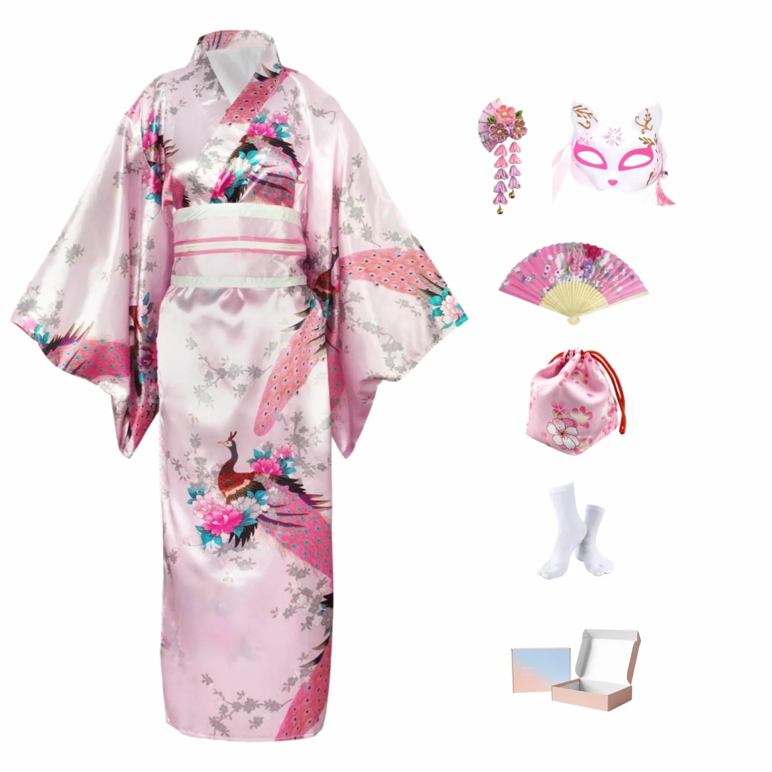 Tradycyjne japońskie kimono dla kobiet, japoński damski szlafrok Yukata, sukienki w stylu japońskim dla kobiet, kostium cosplay, satynowy szlafrok na imprezę, spa lub ślub, ze składanym wachlarzem i