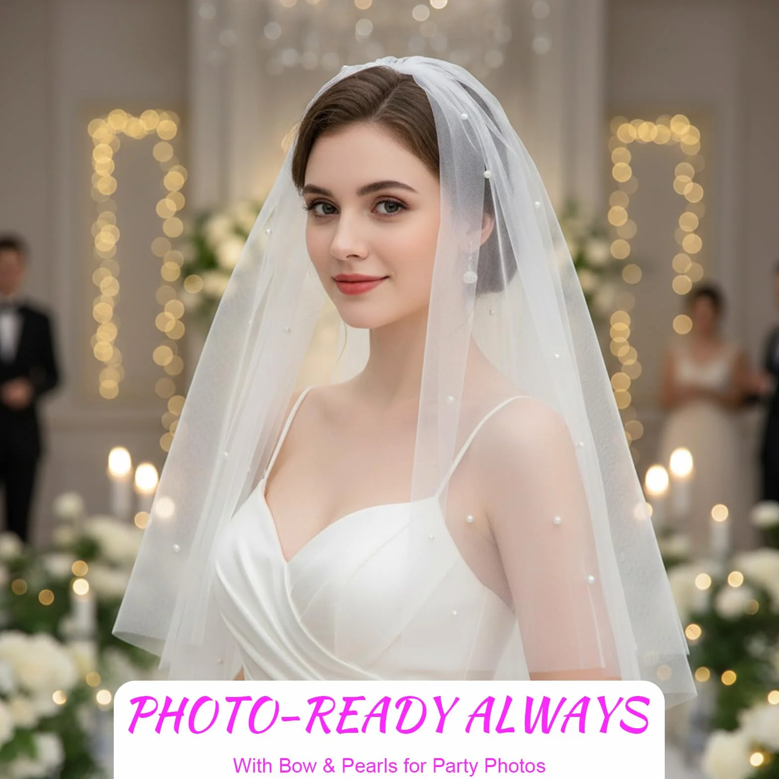 Tucnoeu Bride welon perłowy krótki welon, welony ślubne dla panny młodej - eleganckie białe welony ślubne z perłami na ślub wieczór panieński
