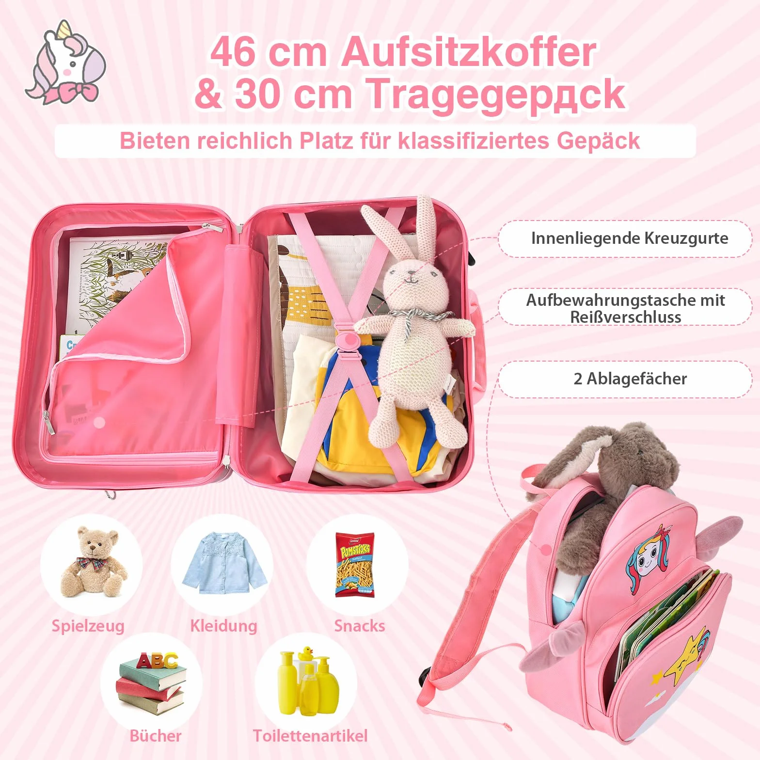 COSTWAY 2-częściowy zestaw bagażu dziecięcego + plecak, walizka 12"+18" na kółkach z wodoodporną twardą obudową, dziecięcy bagaż z paskiem, liną i podnóżkami, walizka na kółkach dla chłopców i