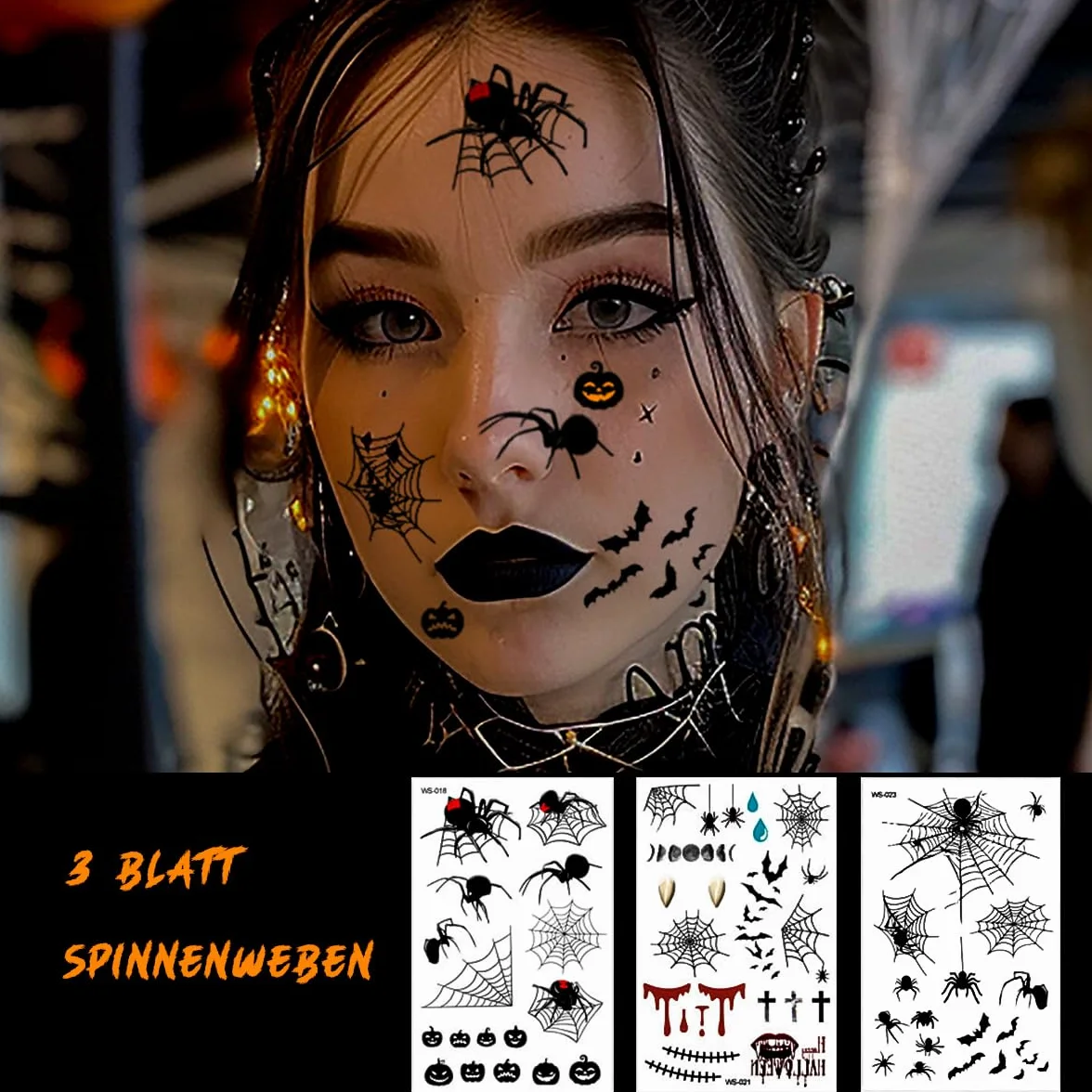 Tatuaże na Halloween, 10 arkuszy, kostium na Halloween dla kobiet i mężczyzn, tatuaż na twarz, zombie, wampir, czarownice, akcesoria do makijażu, blizny, rany, pająki