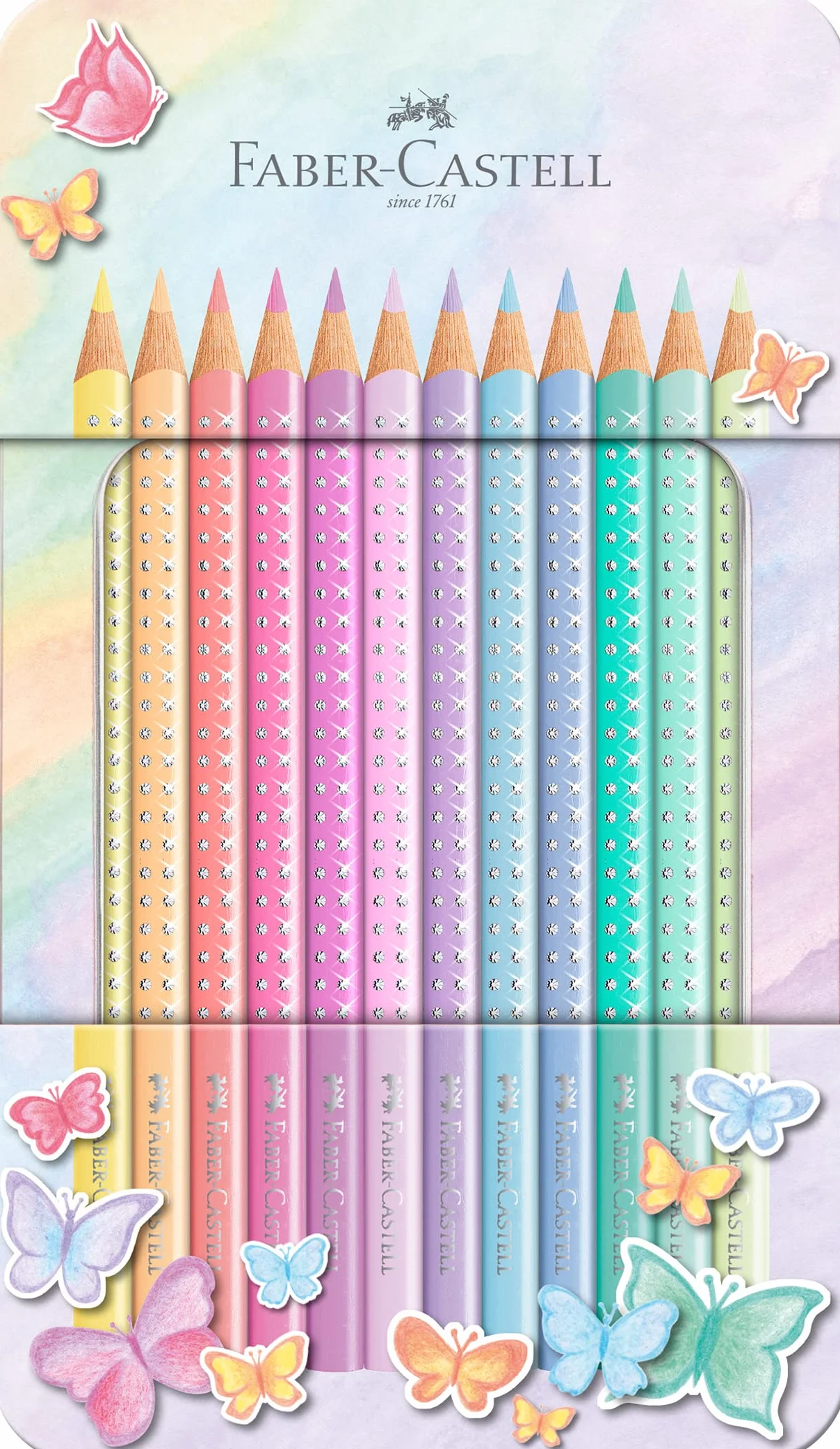 FABER-CASTELL 201910 – zestaw kredek Sparkle Pastel, 12 sztuk, w metalowym etui, trójkątne, odporne na złamania