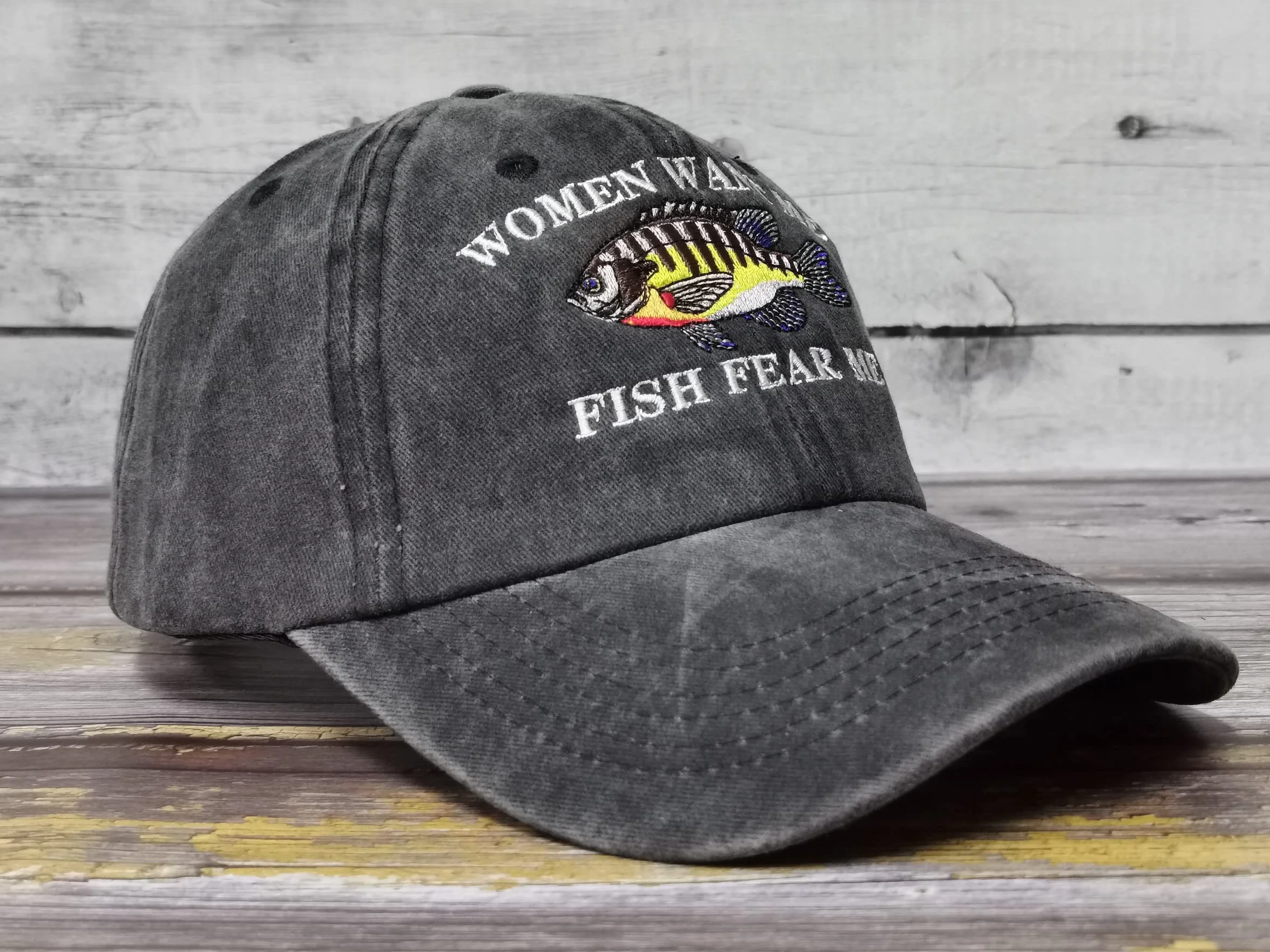 Haftowane czapki i czapki z daszkiem dla mężczyzn i kobiet, Women Want Me Fish Fear Me (Washed Black), Rozmiar uniwersalny