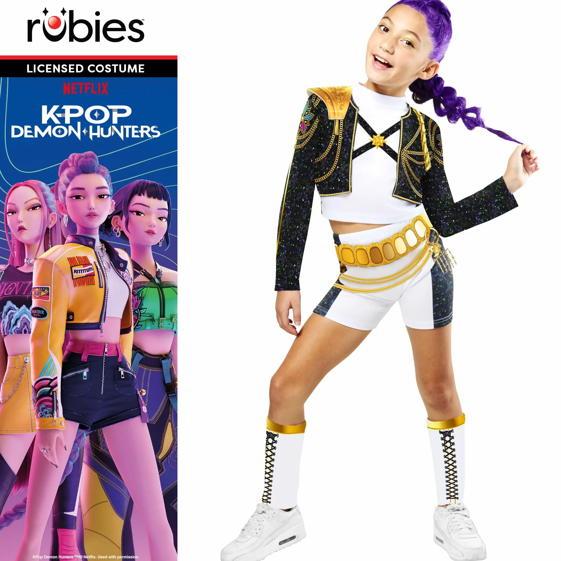 Rubies Kostium KPOP Rumi Złoty HYBRID dla dziewcząt, dziewcząt, k-popu, Rumi Netflix, topy, kurtka i szorty, skarpetki, oficjalnie licencjonowany Netflix, huntrix, karnawał, imprezy i cosplay
