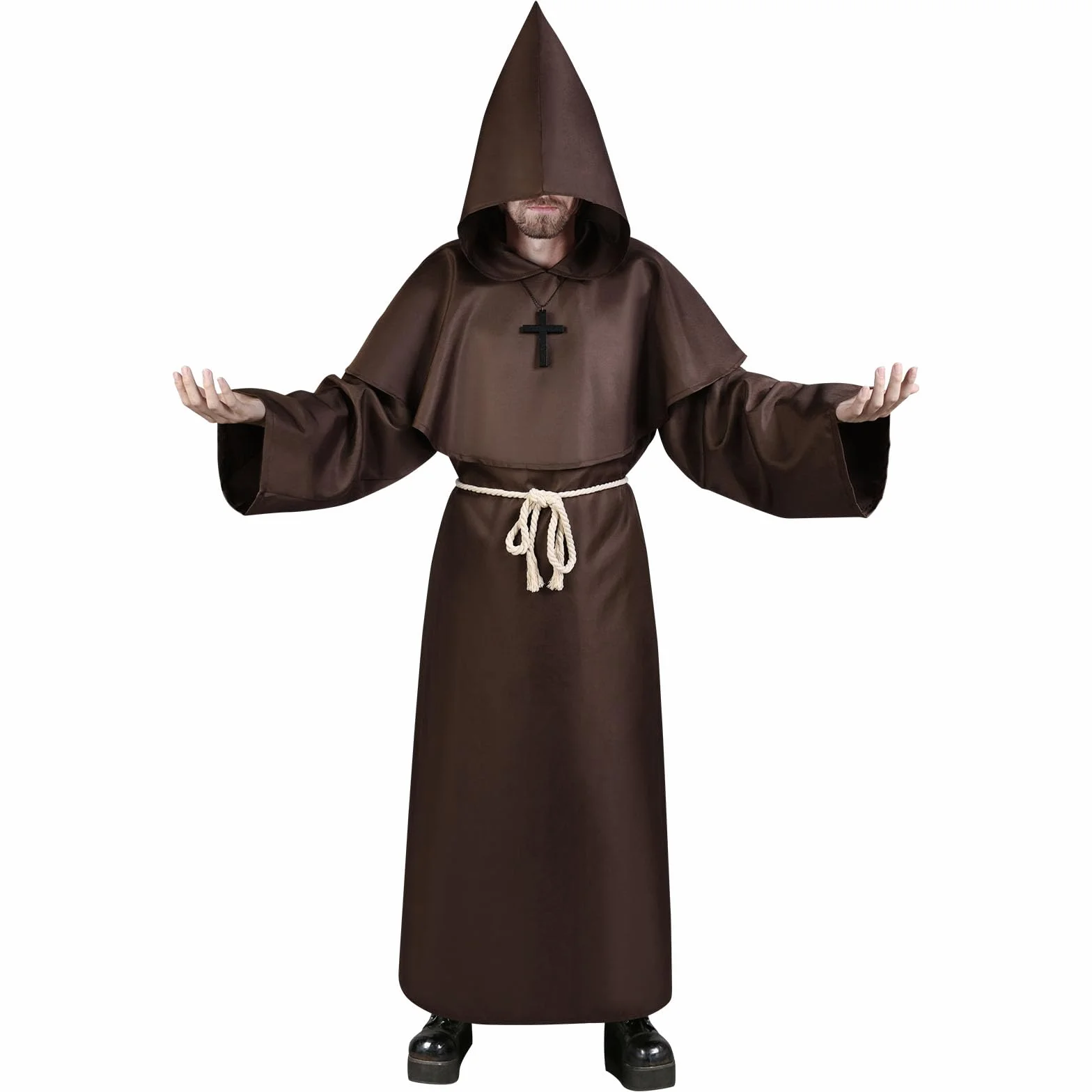Aomig Szata mnicha, męska, czapka mnicha, średniowieczna peleryna, klasyczny kostium, kaptur, renesansowy, szata kapłana, na Halloween, karnawał, kostium Cosplay (rozmiar XL ~ XXL, czarny, brązowy)