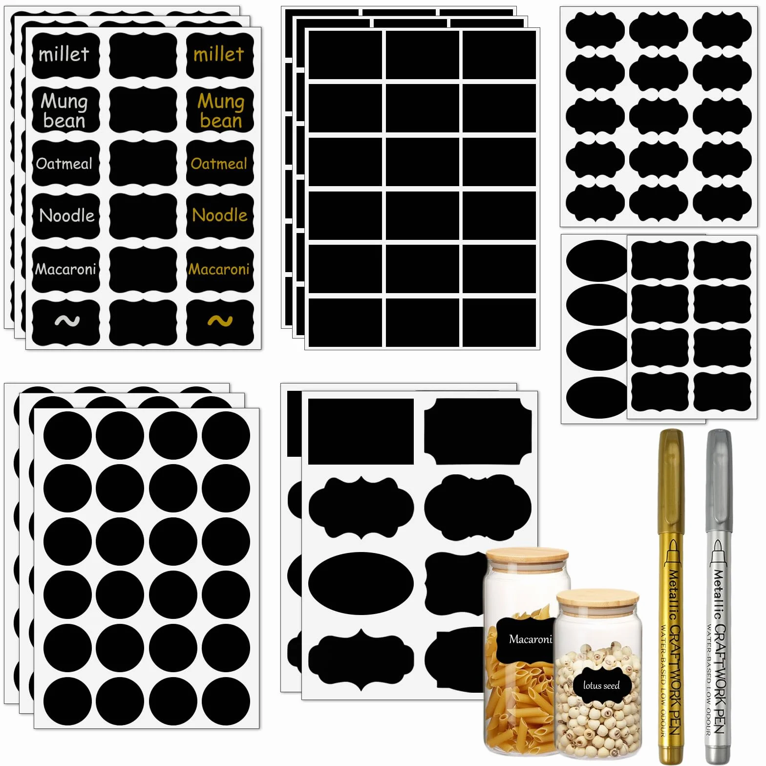 14 arkuszy samoprzylepnych etykiet z przyprawami, 209 sztuk, etykiety do przechowywania, etykiety kuchenne, czarne, naklejki na przyprawy, etykiety tablicowe samoprzylepne na słoiki, butelki, słoiki z