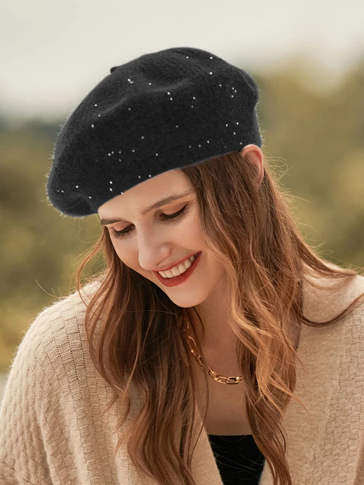 Beret czapka dla kobiet, francuski styl czapka zimowa moda ciepła wełniana podszewka dzianinowa czapka