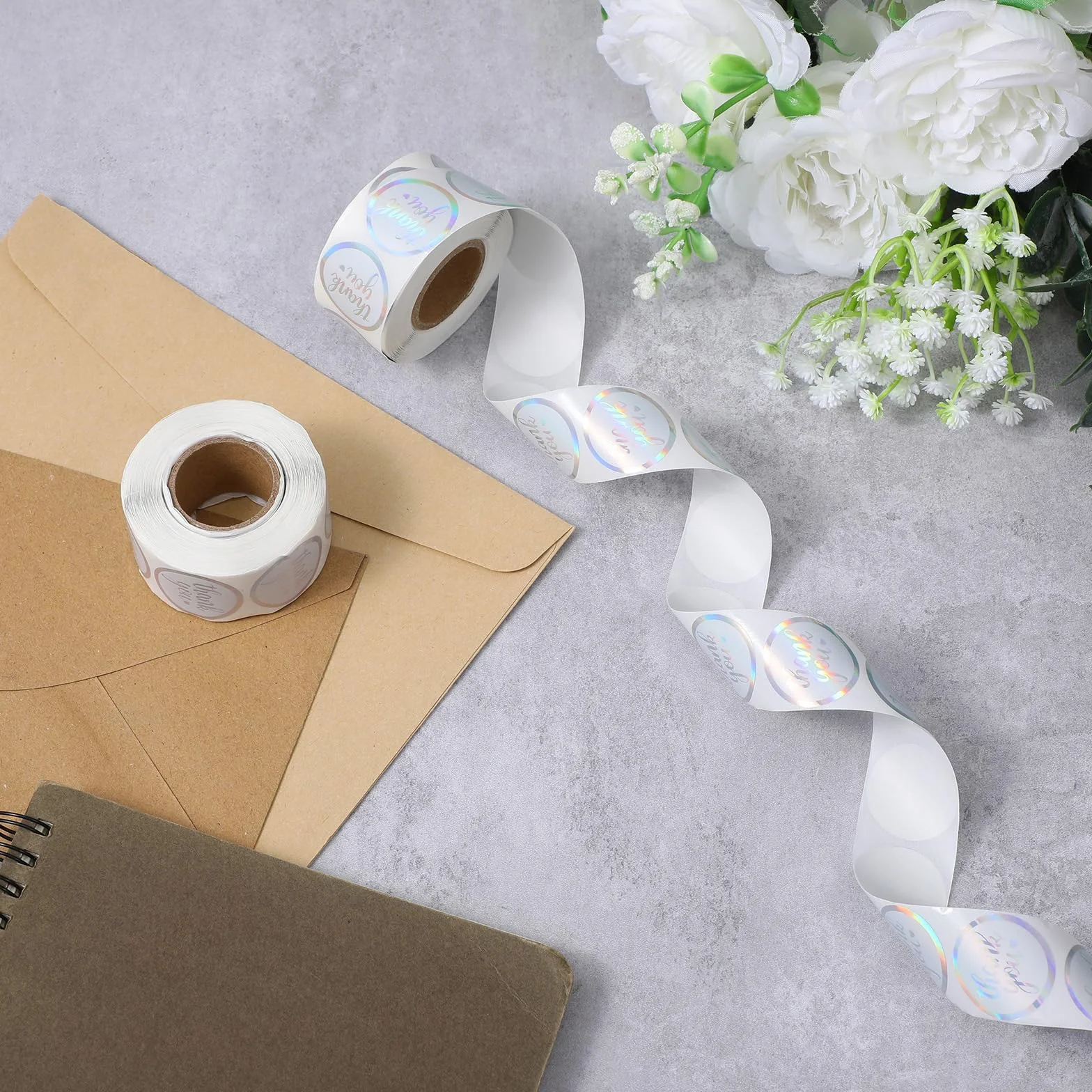 Nogeqi 1000 sztuk naklejek "Thank You", 2,5 cm, holograficzne, okrągłe, z podziękowaniami, samoprzylepne, w rolce, z podziękowaniami, do pakowania, pieczenia, torebek prezentowych, koperty