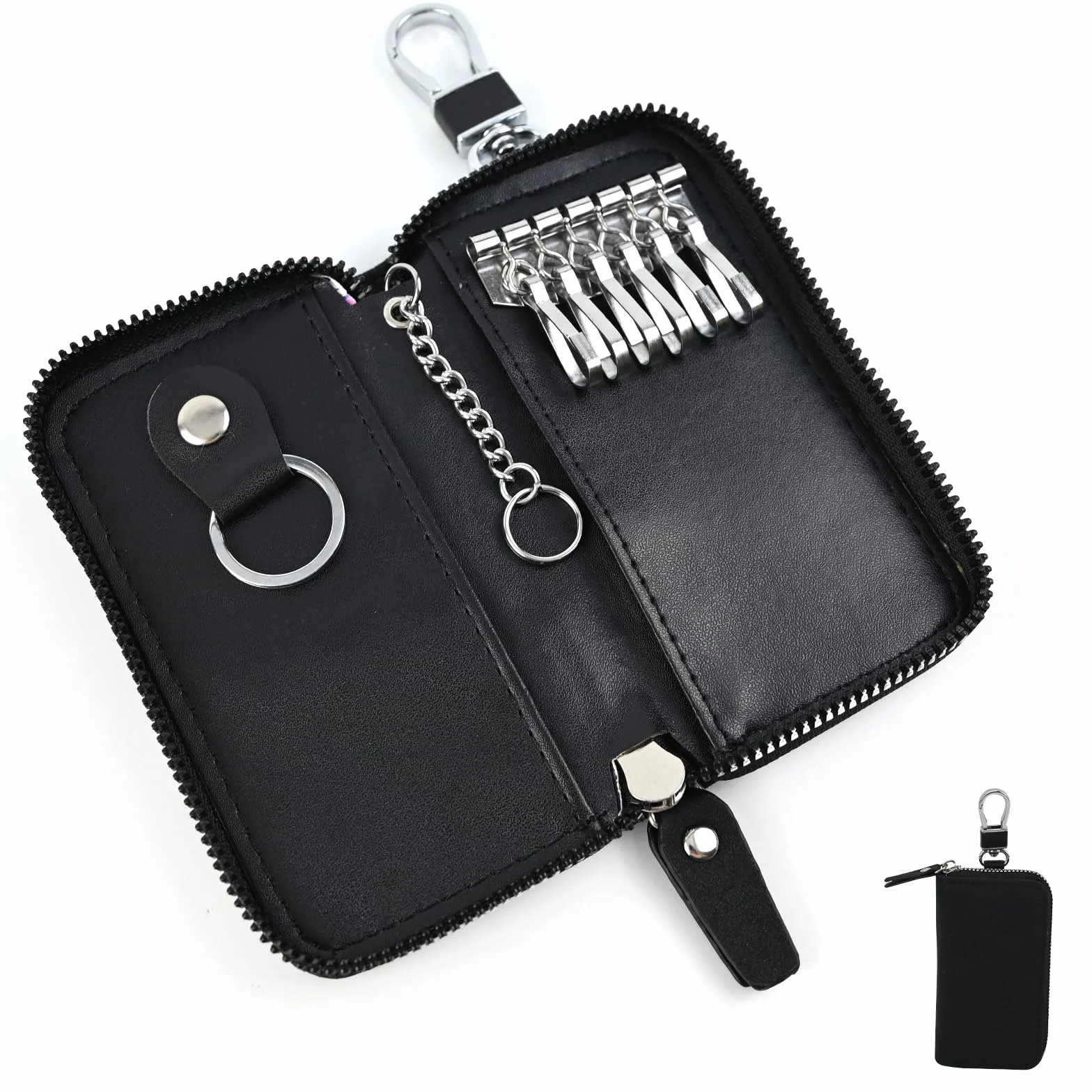 Skórzana torba na klucze, organizer samochodowy, w zestawie z 6 haczykami i 2 pierścieniami, wielofunkcyjne etui z kieszenią na klucze (unisex), czarny, 12,5*