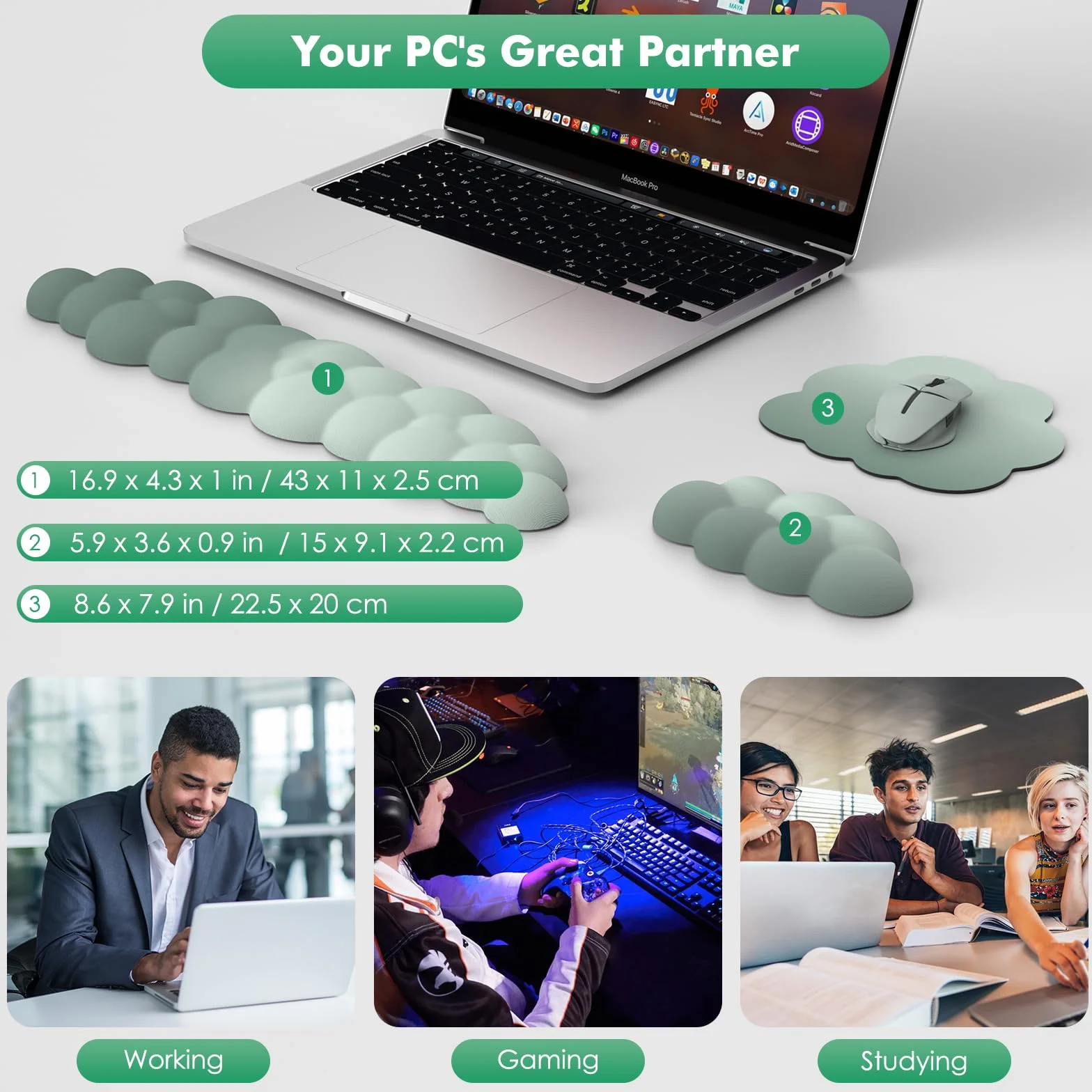 MoKo Cloud Wrist Rest, Ergonomic Cloud Keyboard Wrist Support with Mouse Pad, Durable Polyester Arm Rest Pad for Keyboard and Mouse for Office, Gaming, Computer, Laptop, Green
