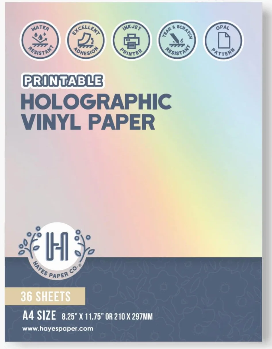 Hayes Paper Co. Papier do naklejek winylowych, 36 sztuk, format A4, do wydrukowania, holograficzny papier winylowy kompatybilny z drukarkami atramentowymi, odporny na rozdarcia i zarysowania, wzór