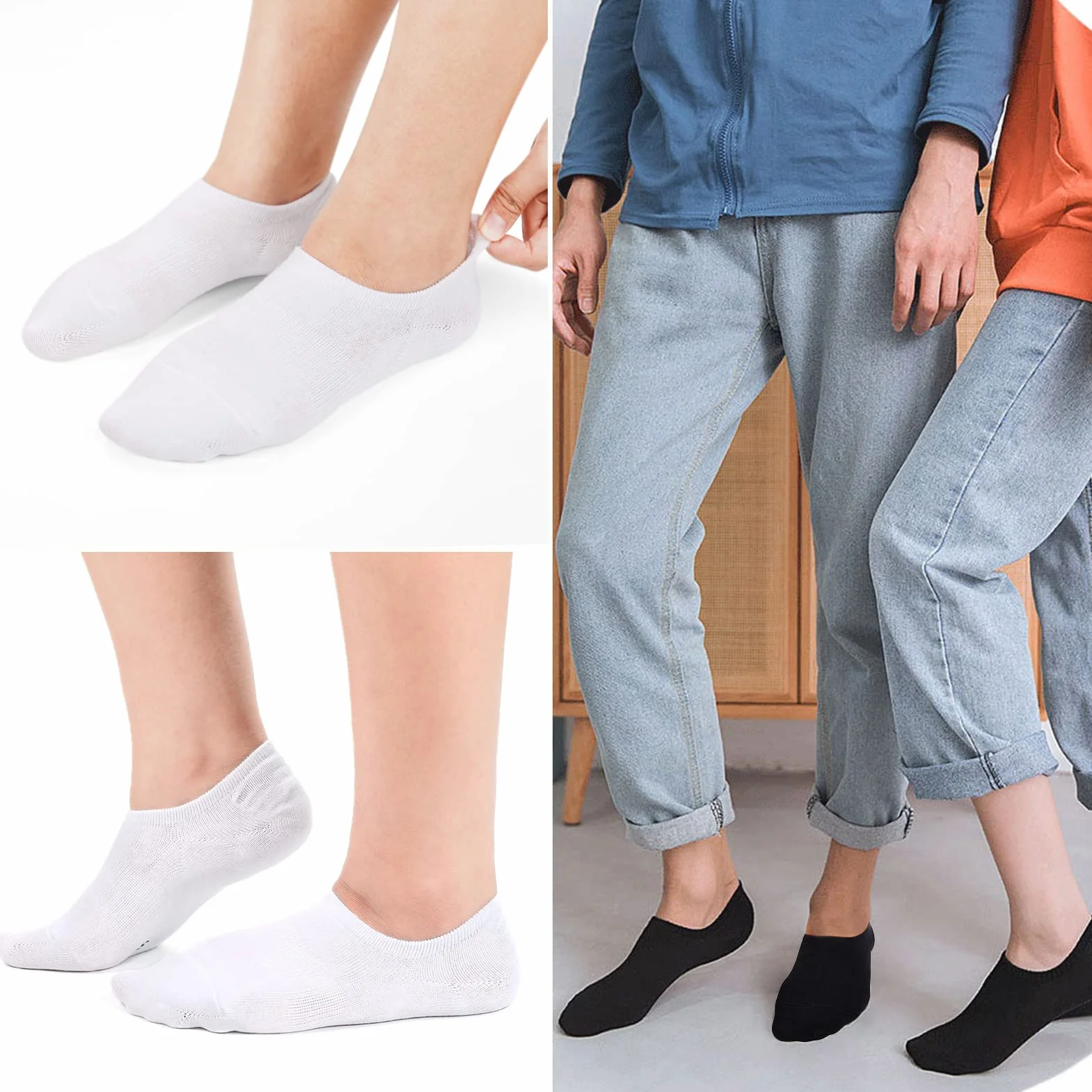Blu Ninfee Skarpety do sneakersów, damskie stopki, męskie, 10 par, uniseks, z antypoślizgowym silikonem, niewidoczne skarpety do sneakersów, oddychające, krótkie skarpety, czarne i białe
