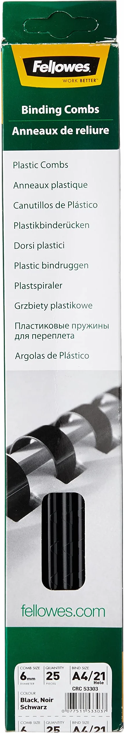 Fellowes Grzbiet do bindowania plastikowego, średnica 6 mm, 21 pierścieni, do dokumentów A4, czarny, opakowanie 25 sztuk