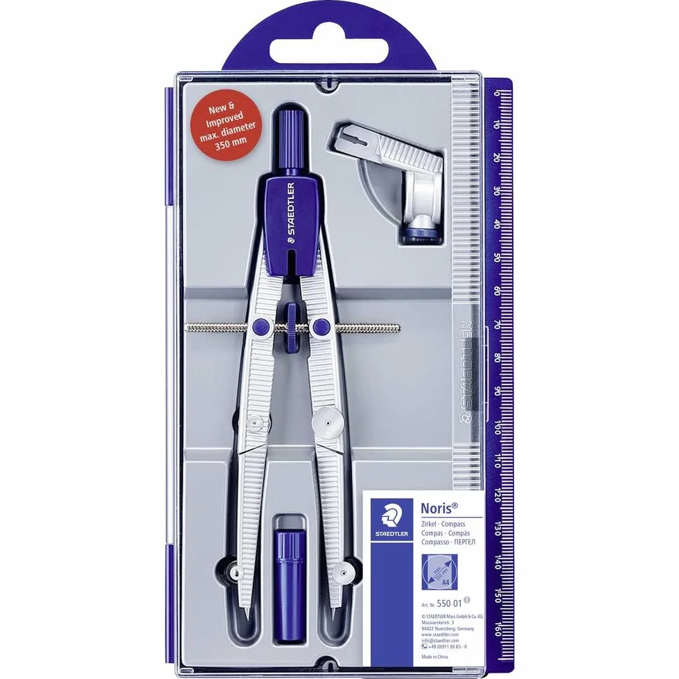STAEDTLER Noris Club 550 01 cyrkiel szkolny z szybką regulacją, zestaw z uniwersalnym adapterem i wkładami zapasowymi, dokładne i precyzyjne, stabilne etui z klapką, srebrny/niebieski