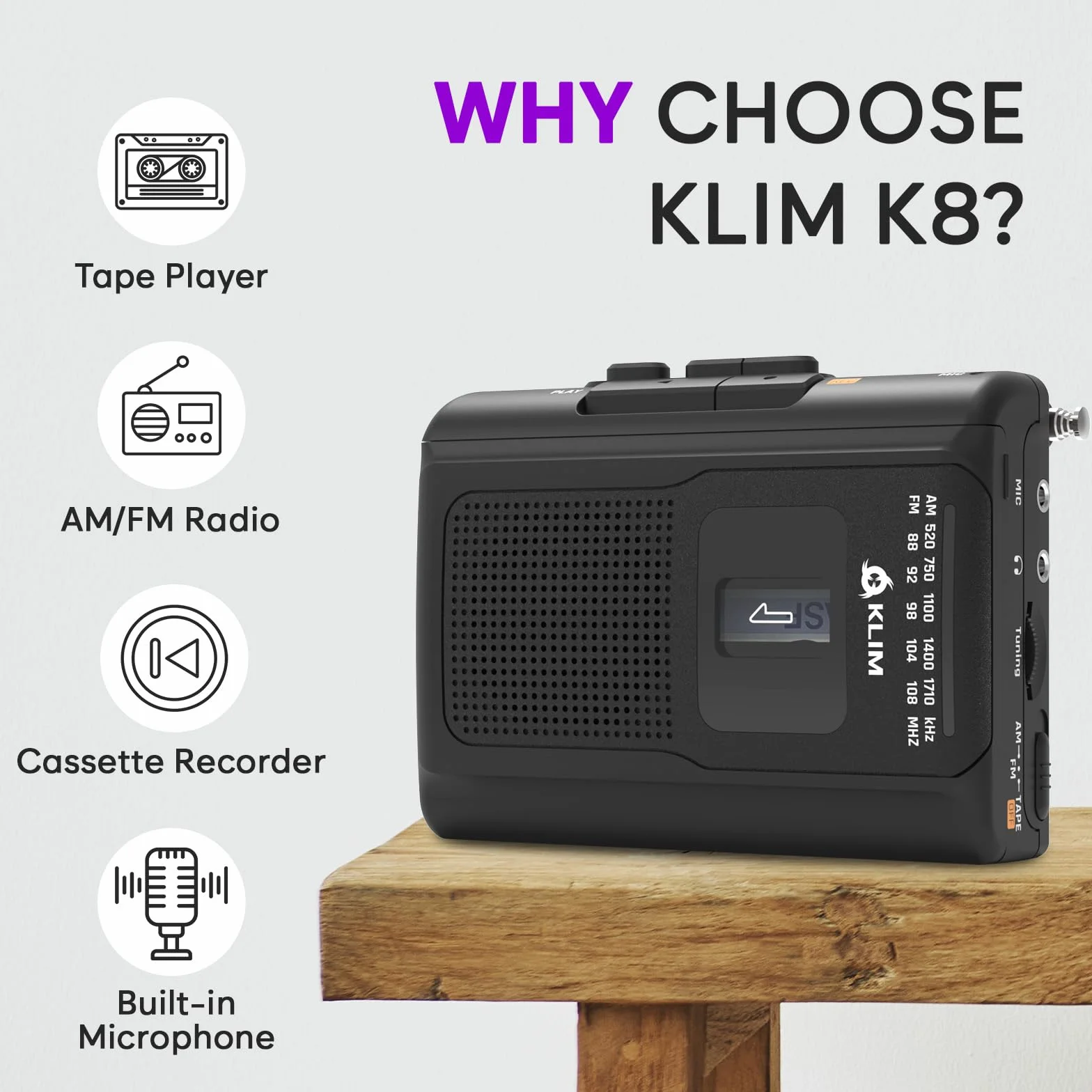 KLIM K8 Audio Cassette Recorder - NOWY odtwarzacz kasetowy, odtwarzacz kasetowy AM/FM, wbudowany mikrofon i głośnik, gniazdo słuchawkowe