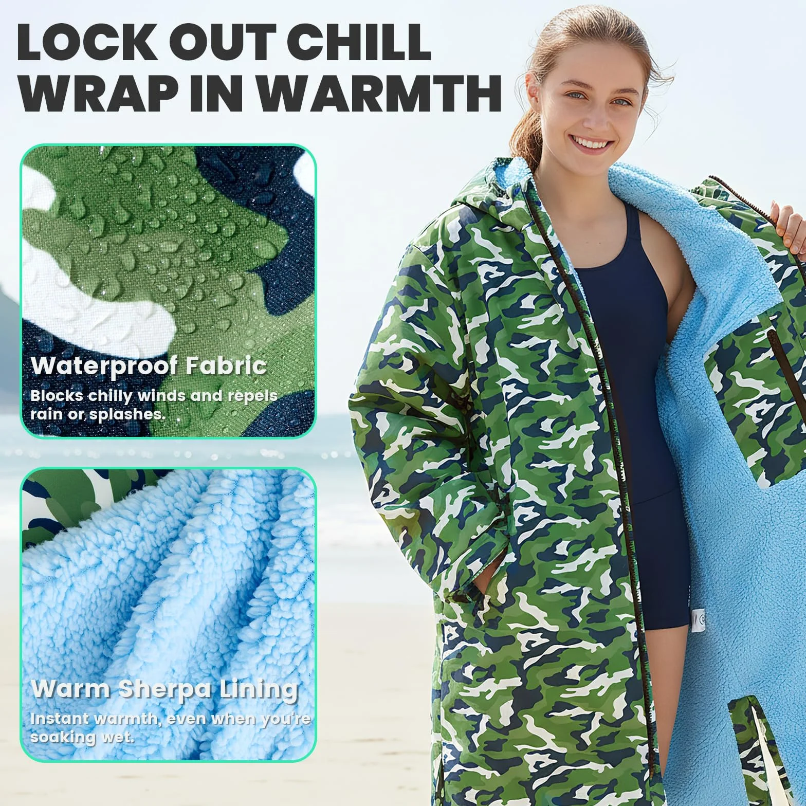 Owntop Parka do pływania dla dzieci i dorosłych, wodoodporna i podszewka sherpa, naszywka na ramię z rzepem, ponadwymiarowe, ponczo surfingowe z kapturem, szlafrok