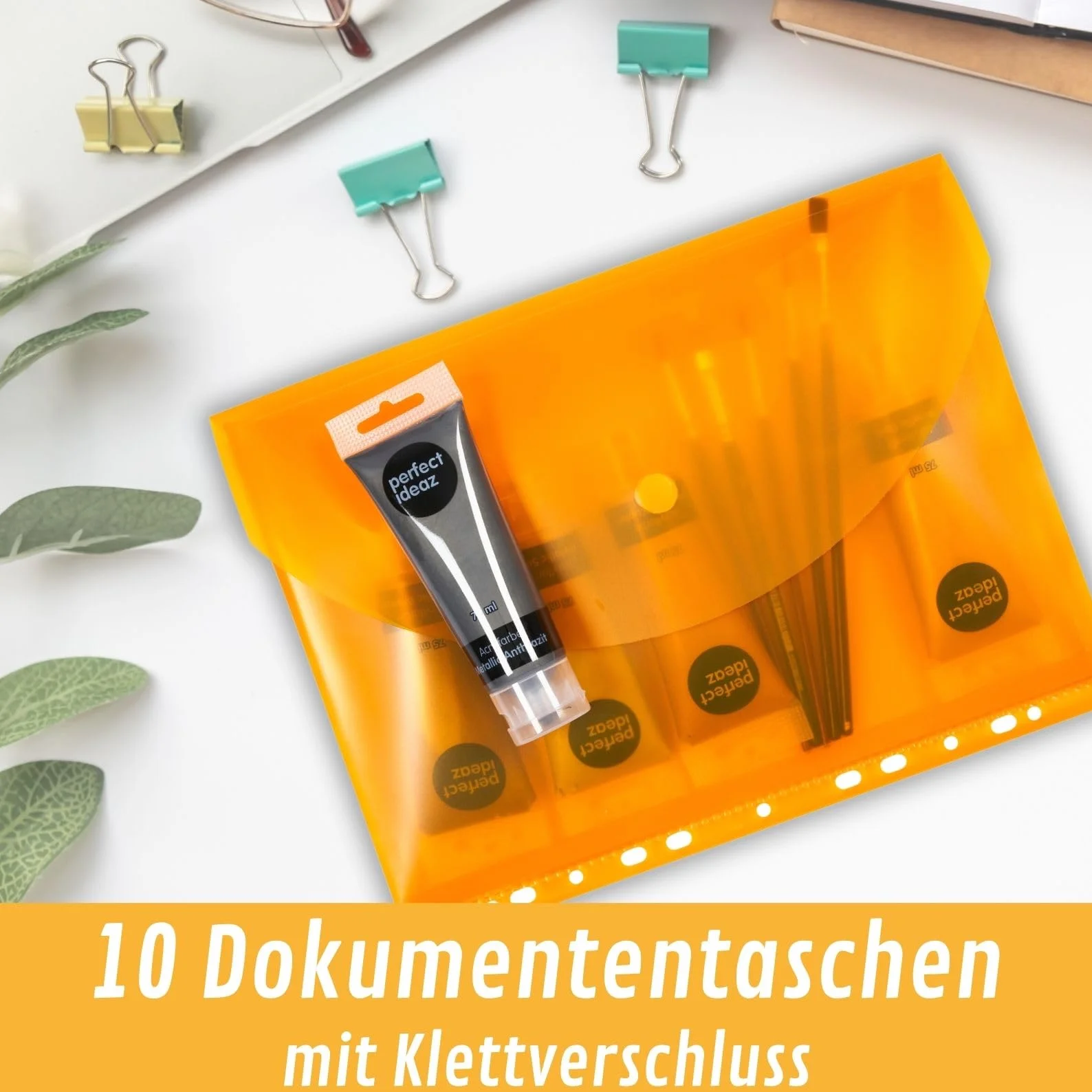 perfect line 10 kieszeni na dokumenty DIN-A4, wysokość wypełnienia 20 mm, półprzezroczyste i kolorowe tworzywo sztuczne, perforowane z klapką, zapięciem na rzepy