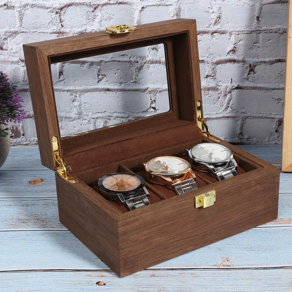 ZJchao Drewniany organizer do przechowywania zegarków, pudełko z czarnego orzecha z przezroczystą pokrywką, pudełko na 3 zegarki, eleganckie etui do przechowywania, trwały stojak na zegarki.
