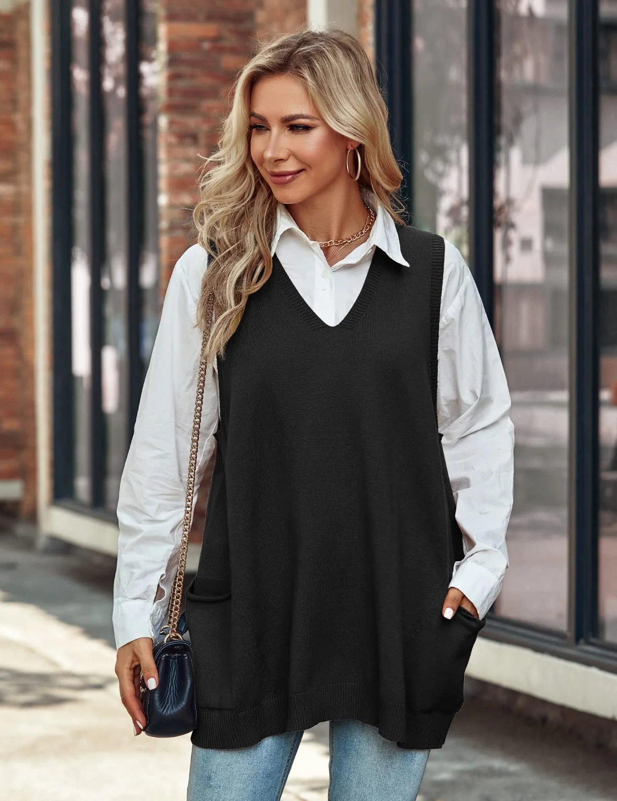Xnova Damski sweter oversize, dekolt w serek, dzianinowa kamizelka, sweter bez rękawów, długi sweter z dzianiny, na czas wolny, na jesień i zimę