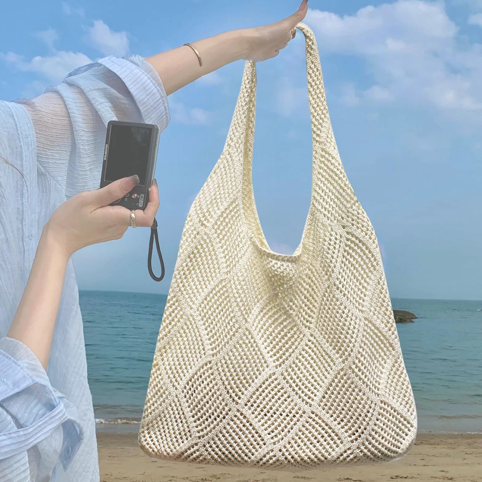 JSTHHTT Torba plażowa dla kobiet, szydełkowana retro letnia tkana torba, duża pojemność, na co dzień, hobo na podróż, wakacje i zakupy, biały, NO