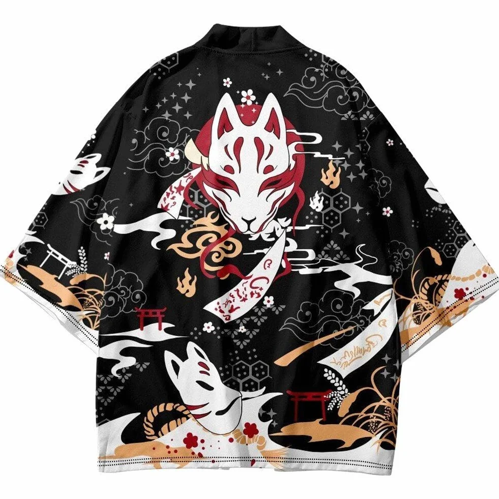 Letni Kreskowy Lis Drukowany Kimono Kobiety Mężczyźni Japoński Haori Streetwear Kardigan Yukata Cosplay Samuraj Streetwear