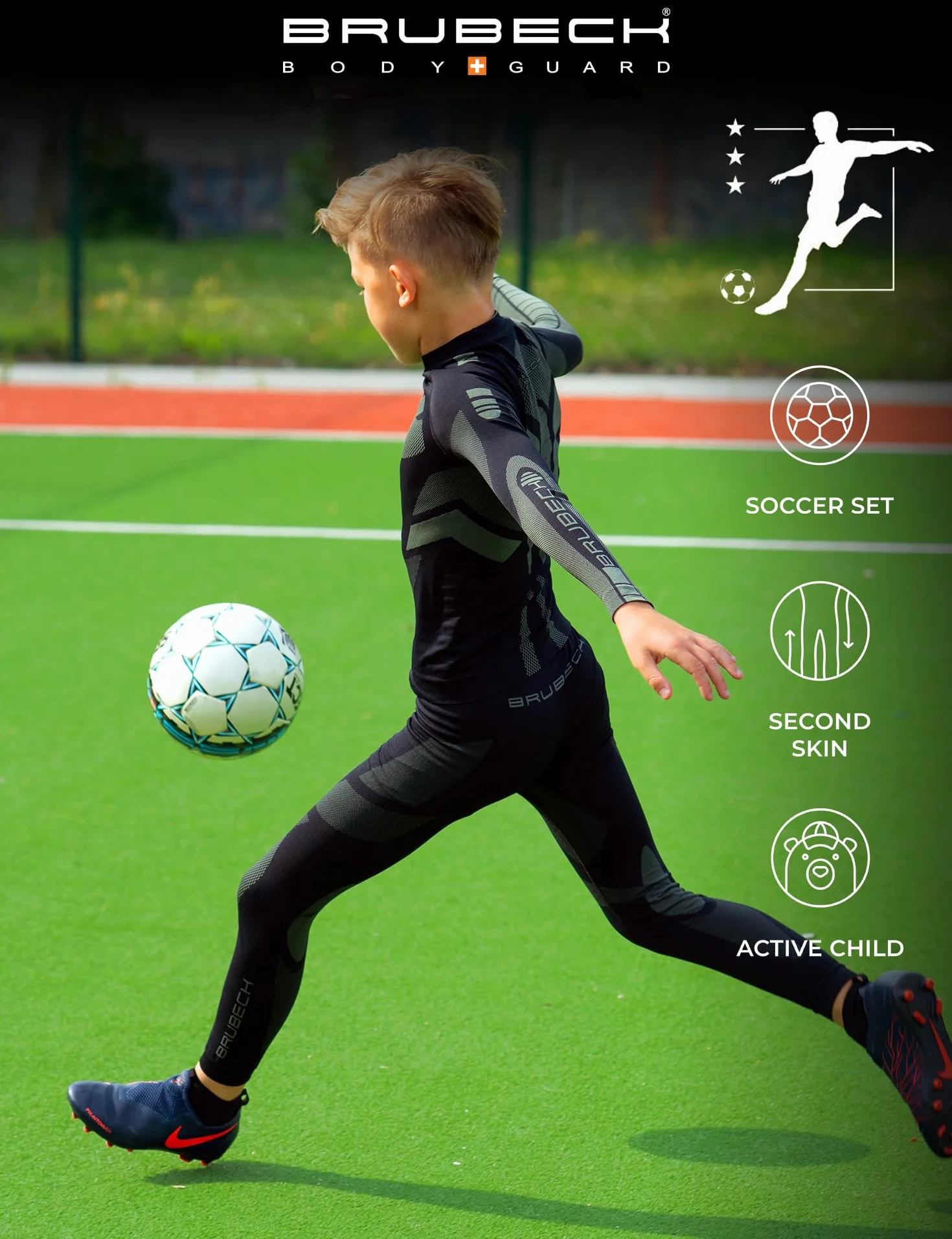 BRUBECK Zestaw termicznej warstwy bazowej dla dzieci z długim rękawem top długi dół zestaw termiczny dla chłopców zestaw termiczny junior bielizna do Multisport PE piłka nożna unisex czarna