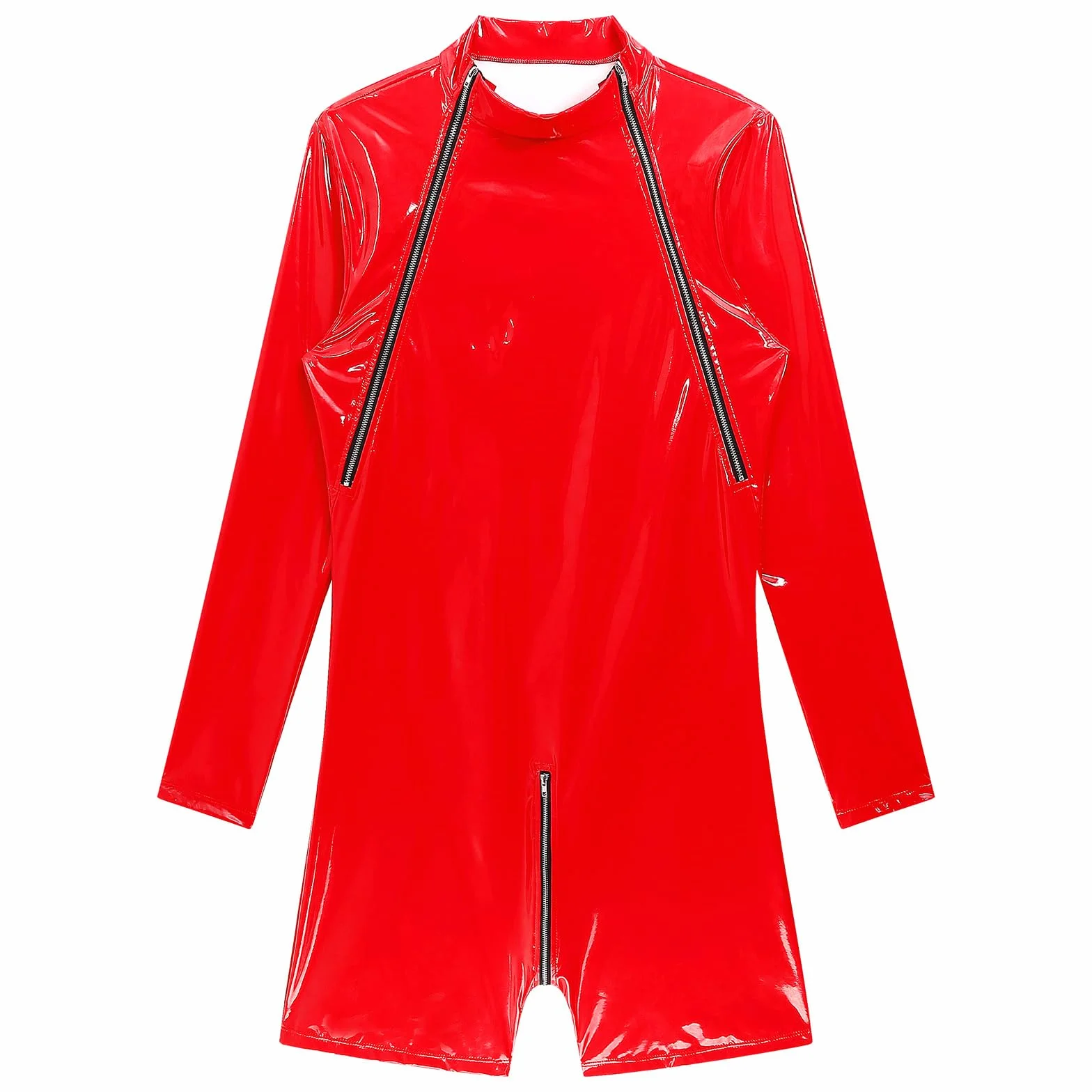 Męskie body Wetlook jednoczęściowe body kombinezon z zamkiem błyskawicznym Metallic Catsuit koszulka z długim rękawem Leotard Tops GOGO Clubwear