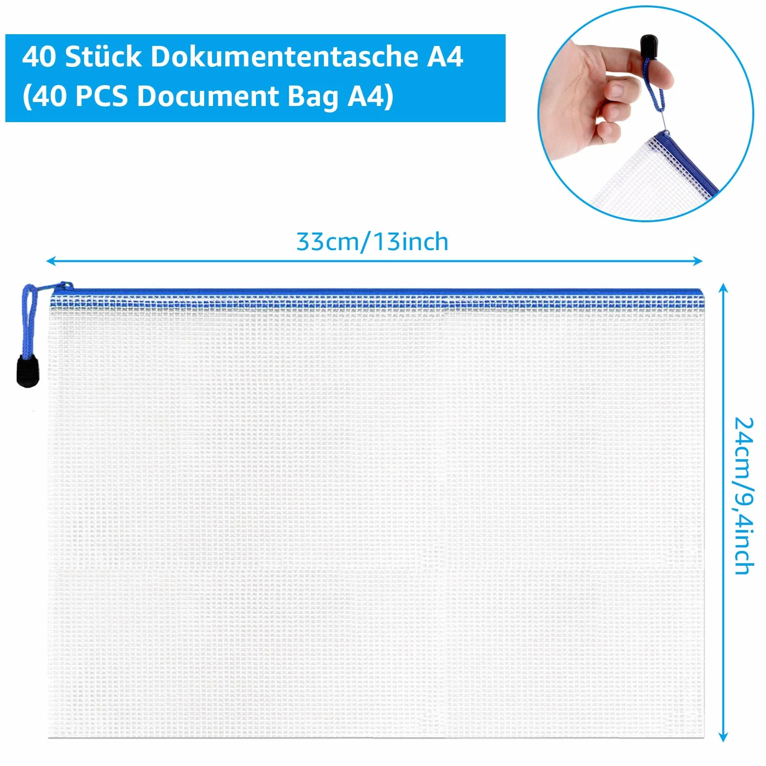 Wodoszczelne torby na dokumenty A4, 40 sztuk, niebieskie etui na dokumenty A4, z tworzywa sztucznego z zamkiem błyskawicznym, teczka na dokumenty, arkusz egzaminu, kosmetyki i przybory podróżne,