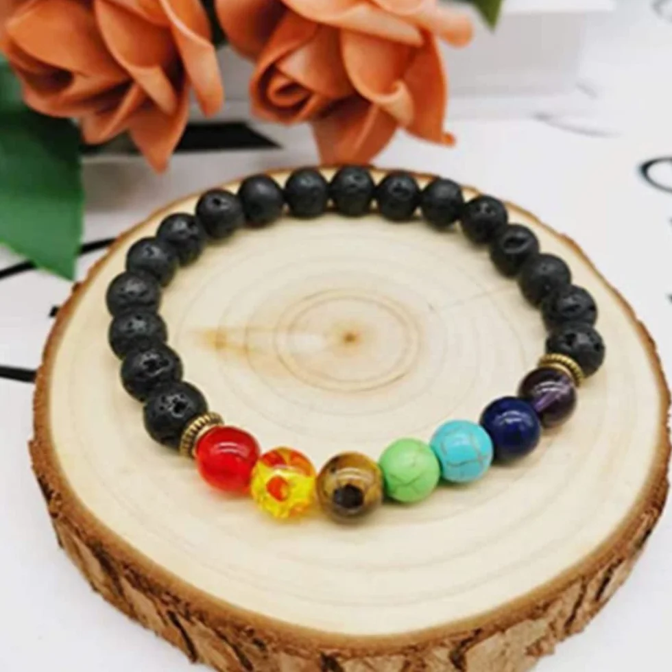 LATRAT BRANSOLETKA 7 czakr kamienie naturalne, koraliki 7 czakr, bransoletka z kamienia naturalnego 8 mm, bransoletka damska i męska elastyczna bransoletka, One Size, kamień wulkaniczny