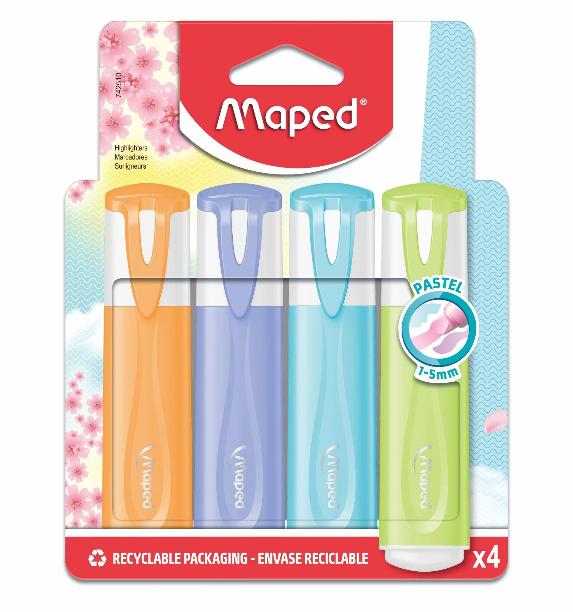 Maped - 4 pastelowe zakreślacze do zaznaczania tekstów - Długotrwała końcówka do zaznaczania tekstów do użytku szkolnego i profesjonalnego