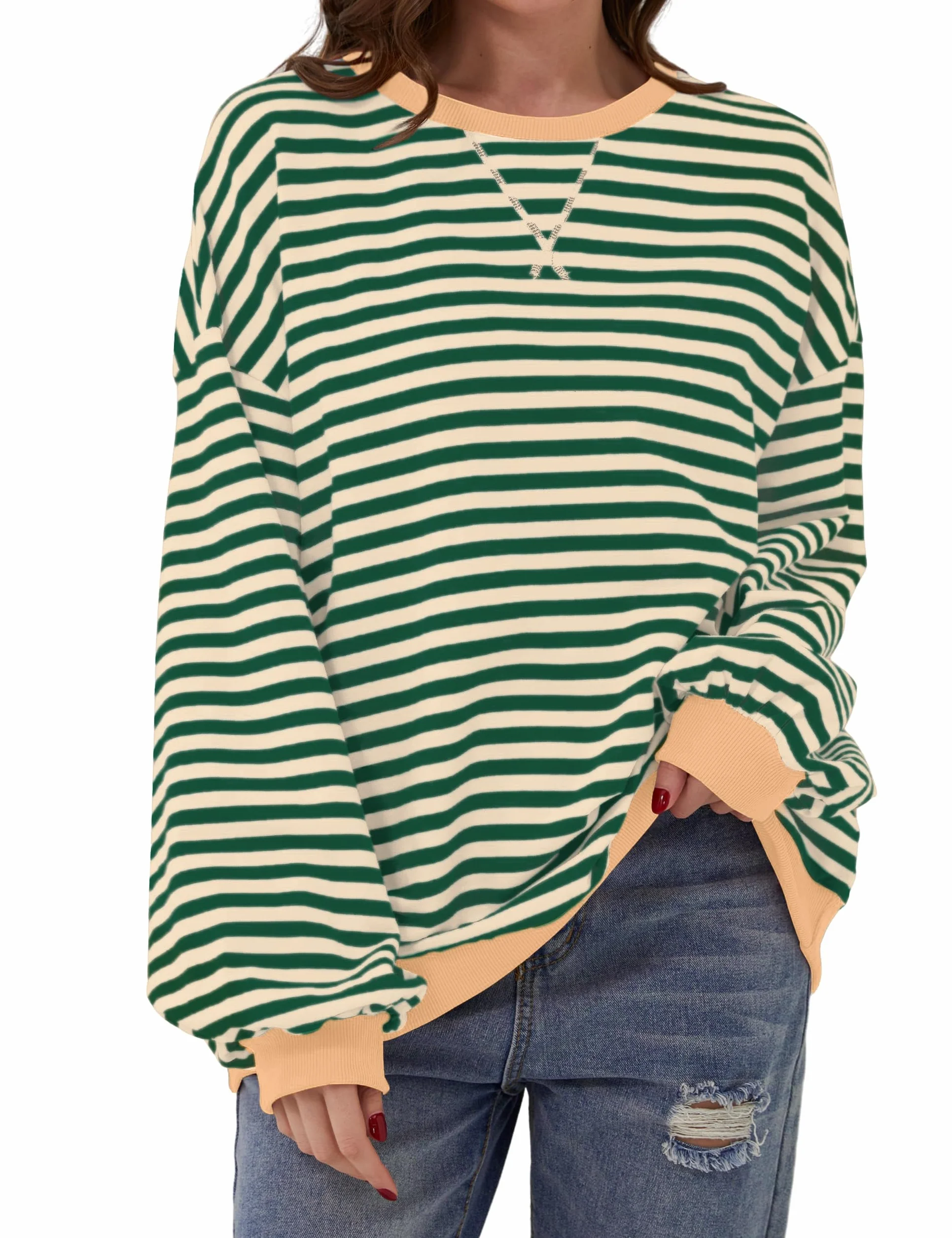 DUOEASE Sweter damski w paski, oversize, sweter z długim rękawem, jesień, okrągły dekolt, Y2K topy