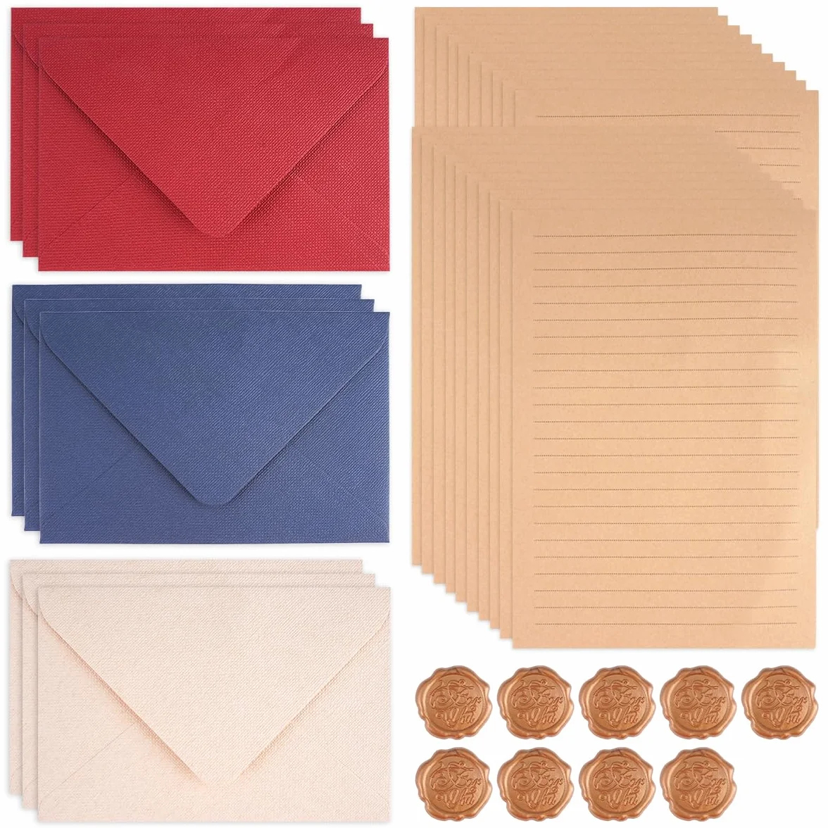 Zestaw 38 sztuk papieru listowego w linie i koperty, 9 lnianych kopert, 9 samoprzylepnych pieczęci woskowych i 20 arkuszy papieru listowego A5, na list miłosny, wesele, urodziny, kartki z życzeniami