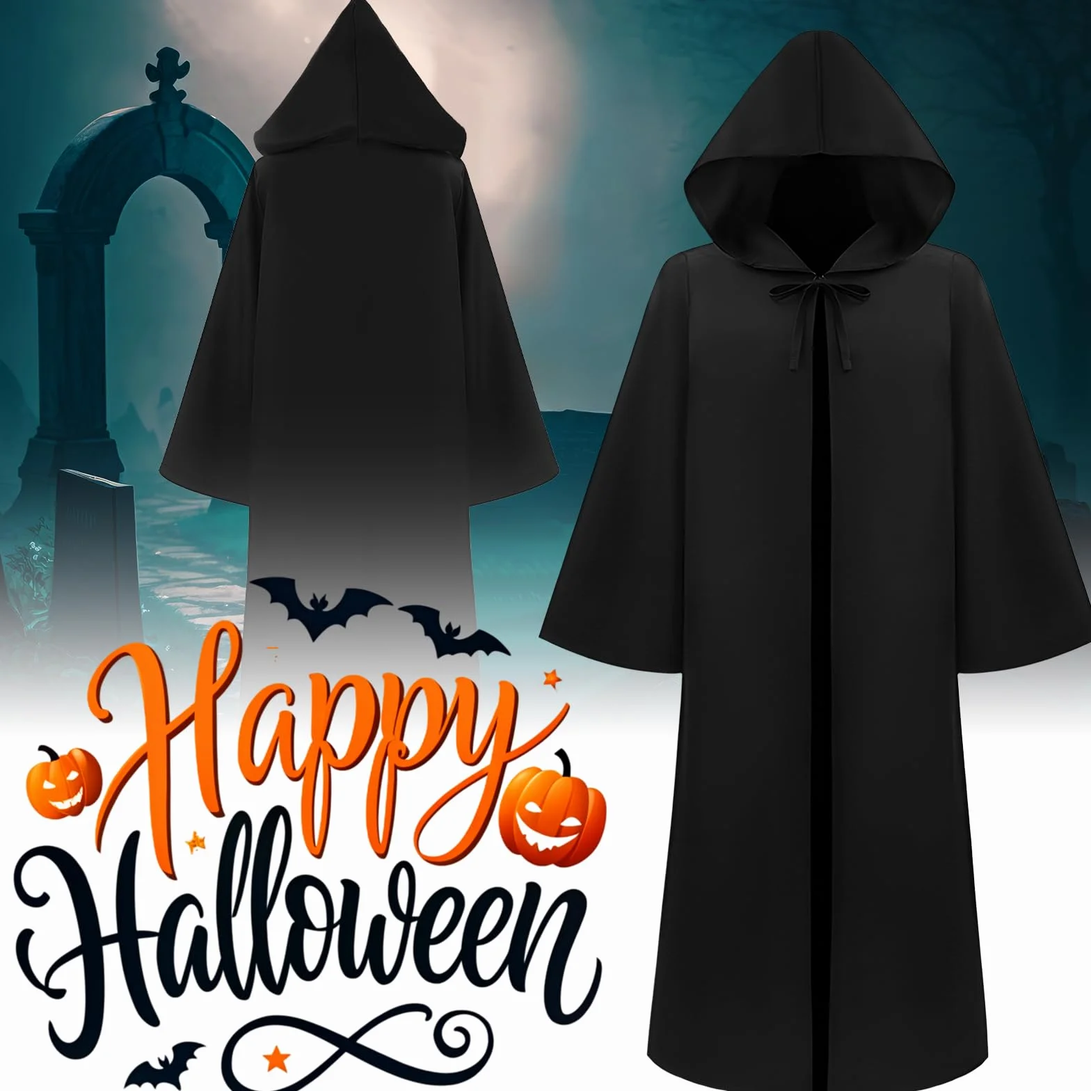 Kostium męski na Halloween – czarna peleryna z kapturem, długa peleryna z horroru dla dorosłych 175-185 cm, idealna jako kostium ghostface, kostium ponury lub peleryna wampira