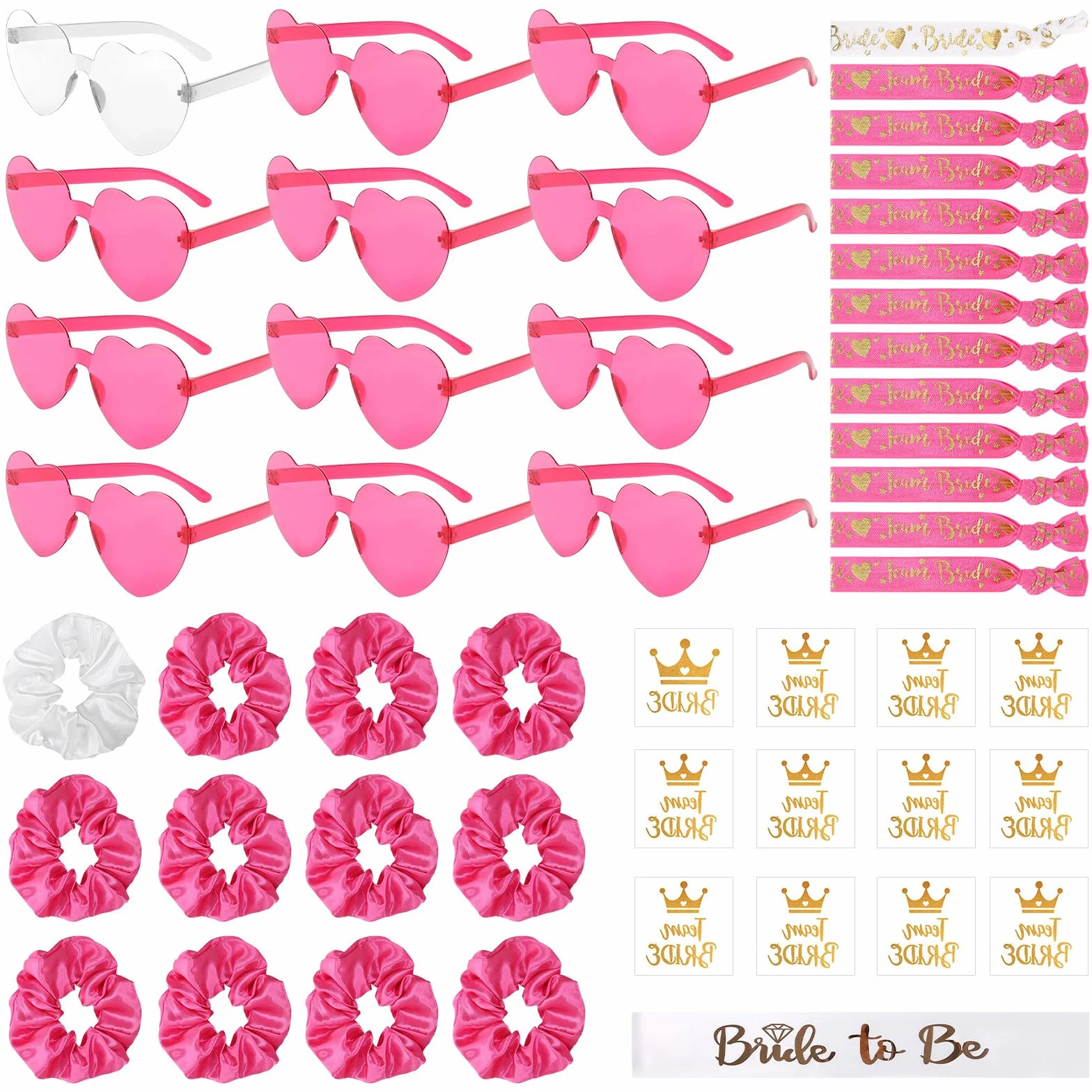 GOSHIES JGA okulary Team Braut zestaw 49 sztuk okularów dla panny młodej z sercem JGA okulary przeciwsłoneczne 1 Bride to be szarpe, 12 okularów w kształcie serca, 12 gumek do włosów, 12 bransoletek