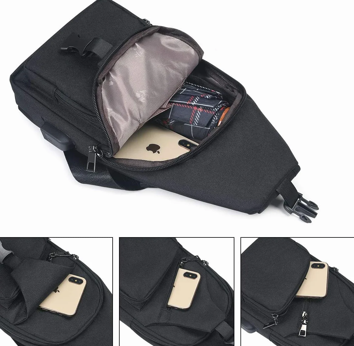 flintronic Torba na ramię, torba na klatkę piersiową z portem ładowania USB, dla mężczyzn i kobiet, lekka torba crossbody, do wędrówek, jazdy na rowerze, podróży