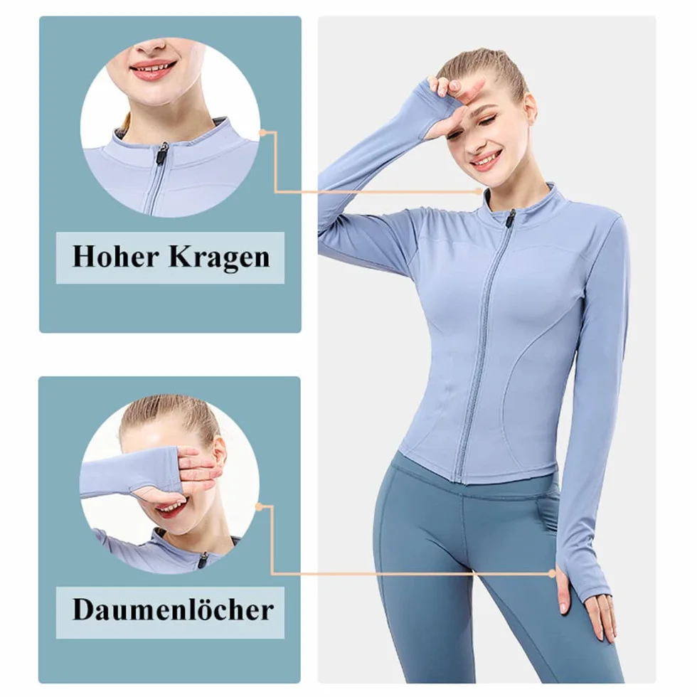 YICHEN Damska kurtka do jogi z długim rękawem slim fit casual joga sport bieganie topy z pełnym zamkiem błyskawicznym