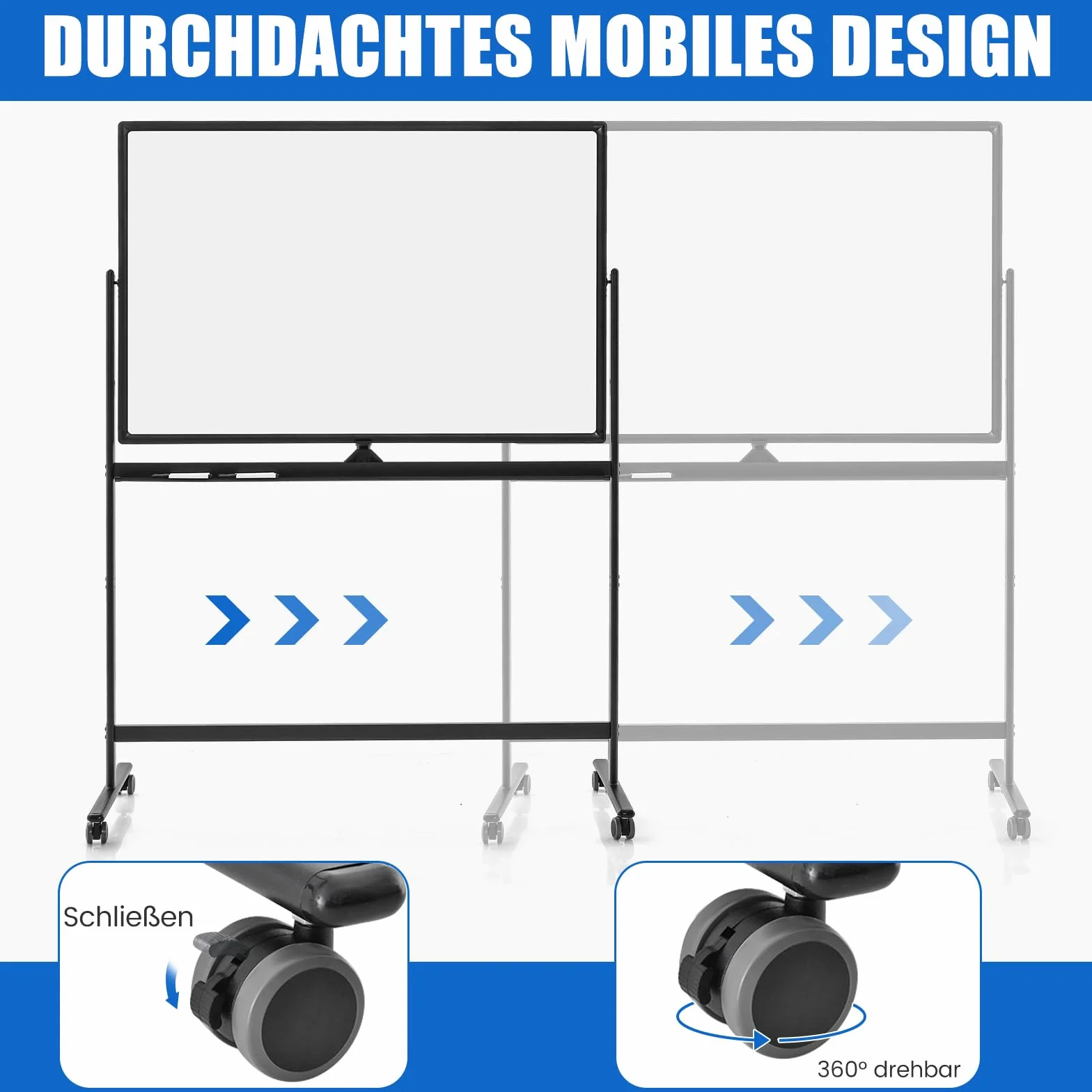 COSTWAY Dwustronna przenośna tablica suchościeralna, 120 x 80 cm, magnetyczna tablica suchościeralna z kółkami, stojakiem i półką na długopisy, w zestawie akcesoria do szkoły, biura, domu