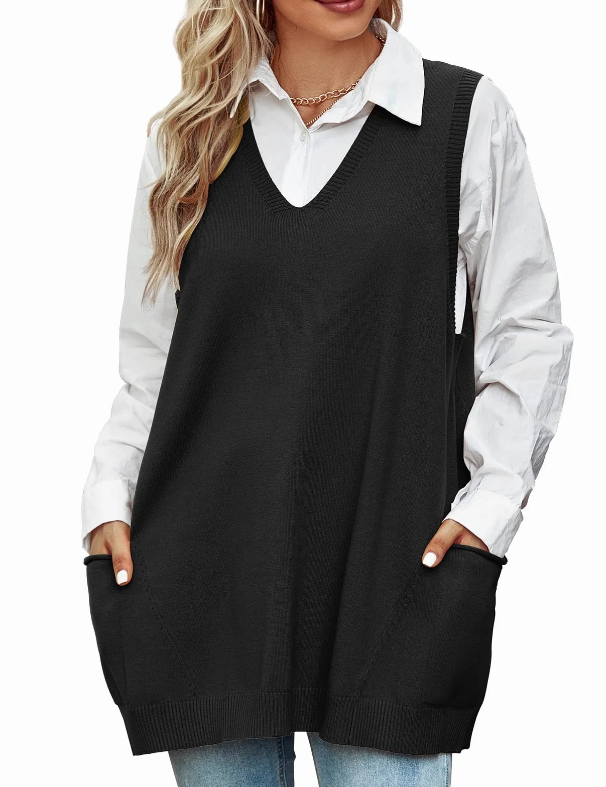 Xnova Damski sweter oversize, dekolt w serek, dzianinowa kamizelka, sweter bez rękawów, długi sweter z dzianiny, na czas wolny, na jesień i zimę