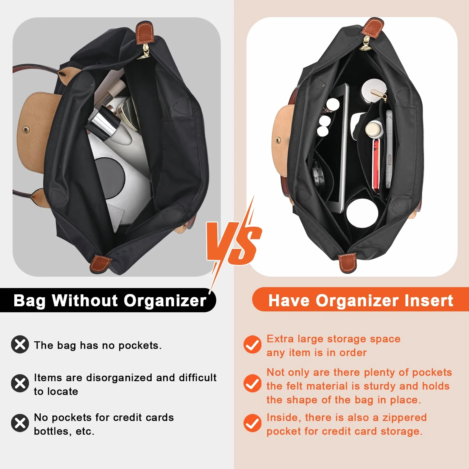LOUKAYCCI Filcowy organizer do torby Longchamp Le Pliage L, czarny